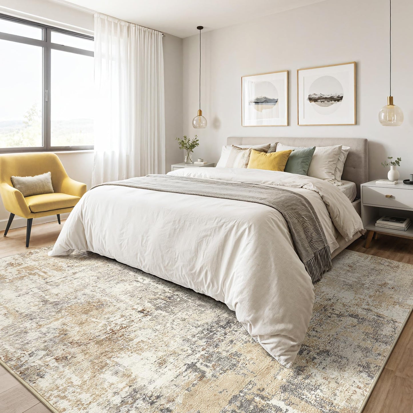 Area Rug Living Room Rugs: 5x7 Washable Large Abstract Modern Soft Stain Resistant Indoor Floor Non Slip Accent Carpet for Bedroom Nursery Playroom Dining Room Office Dorm Home House- Gray Gold