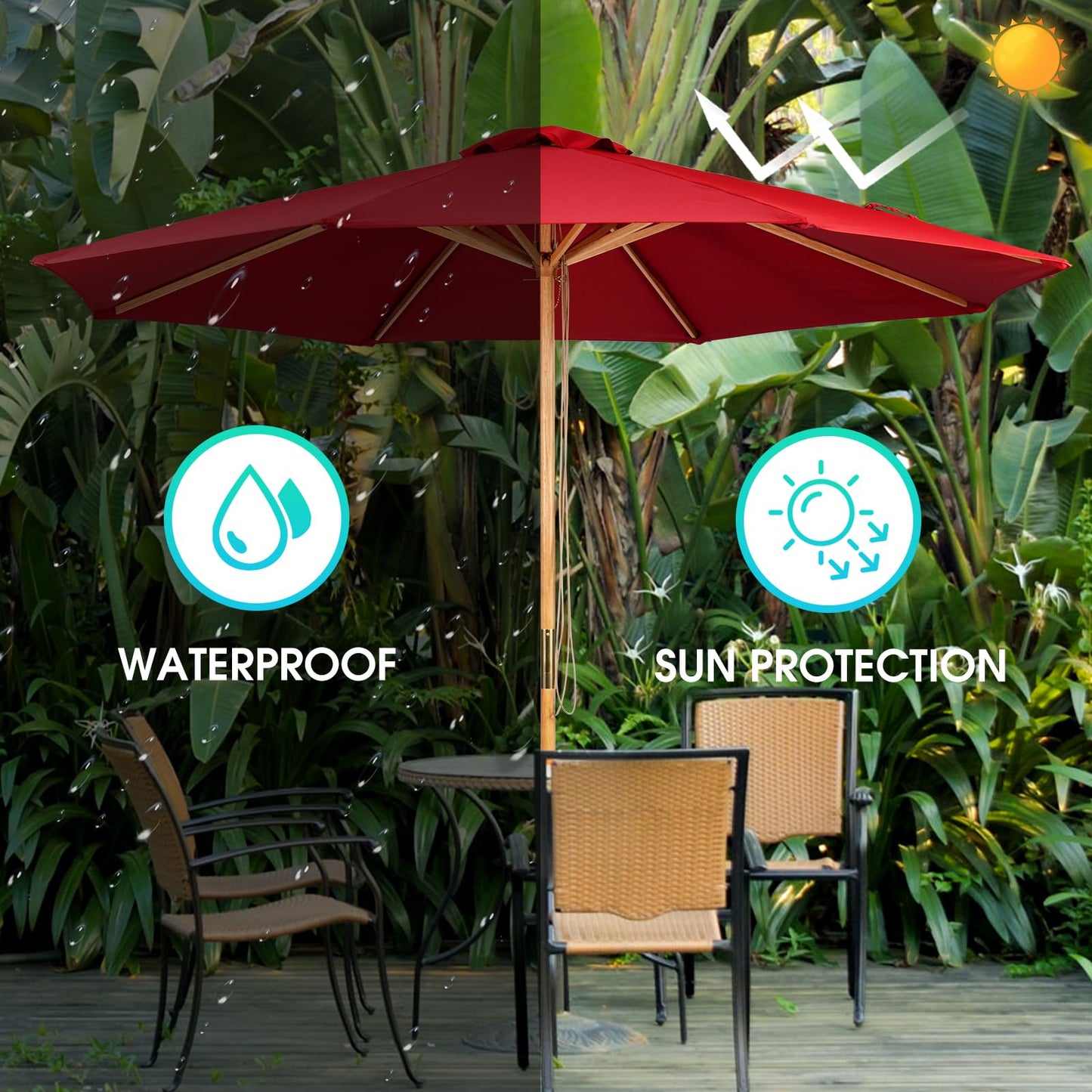 CASUNER 9ft Wooden Umbrella, Outdoor Patio Umbrella, Wood Market Umbrella, Patio Umbrella Wood Pole with Pulley Lift for Garden, Yard, Deck, Pool, Market (RED)