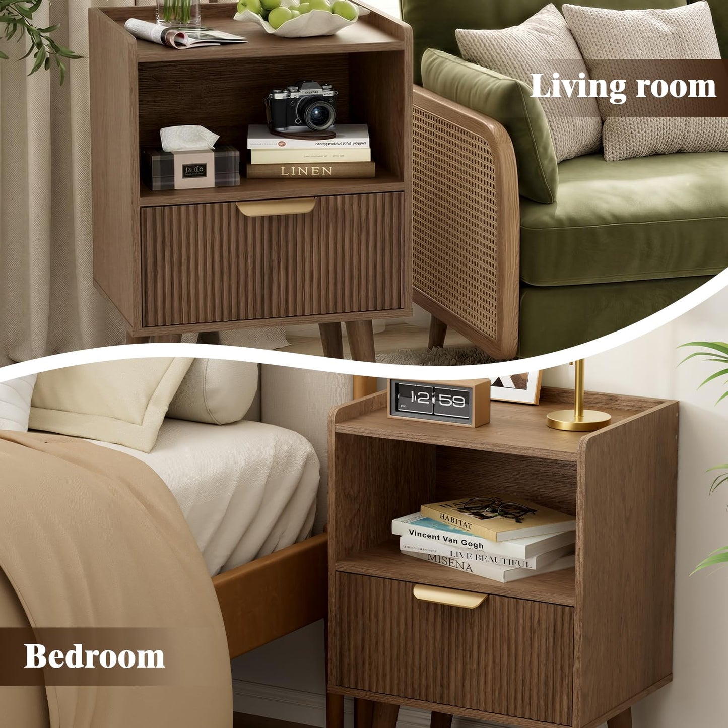 Apicizon Modern Nightstand with Storage Drawer and Open Wood Shelf, Fluted Night Stand with Solid Wood Legs, Bedside Table for Bedroom,Small Spaces, Easy Assembly,Walnut