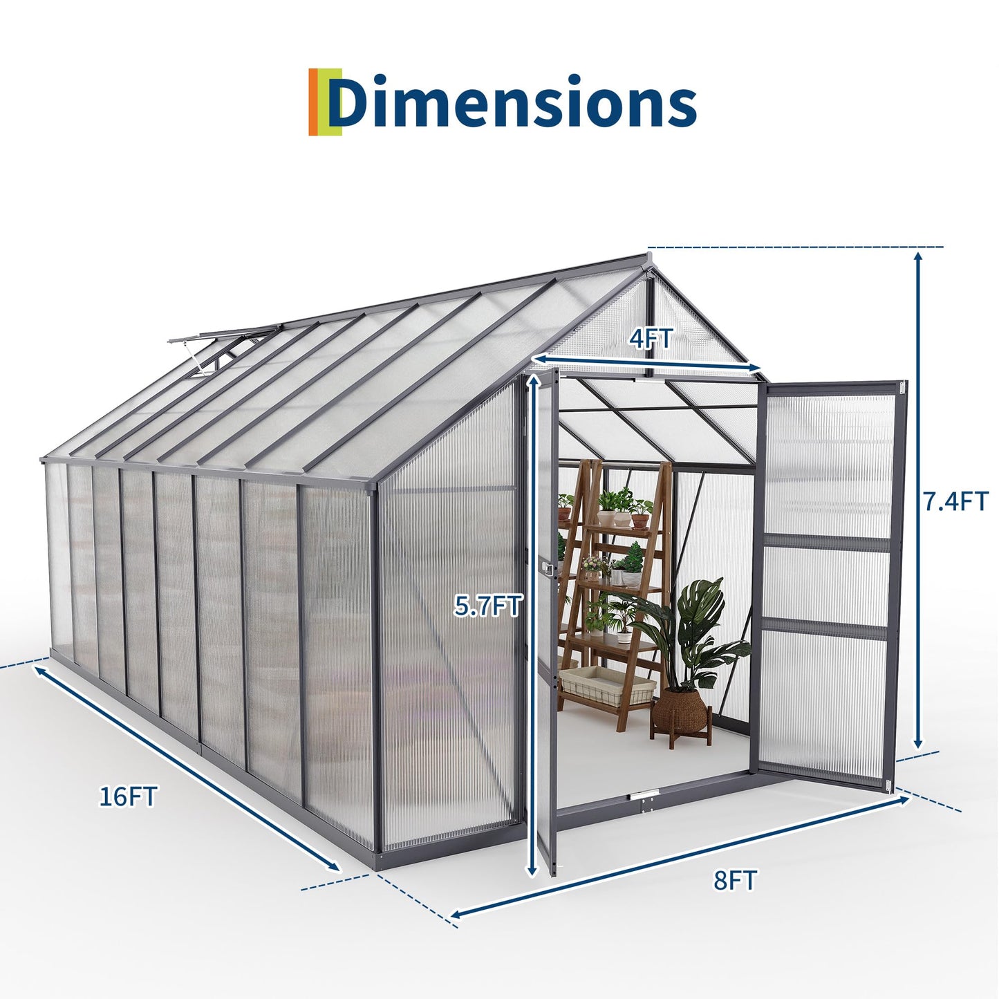 GarveeLife 8*16 ft Outdoor Walk-in Greenhouse, Polycarbonate Green House, Heavy Duty Greenhouse with Vented Roof Window, Windproof Aluminum Frame, Suitable for Outside Gardening, Backyard, Patio
