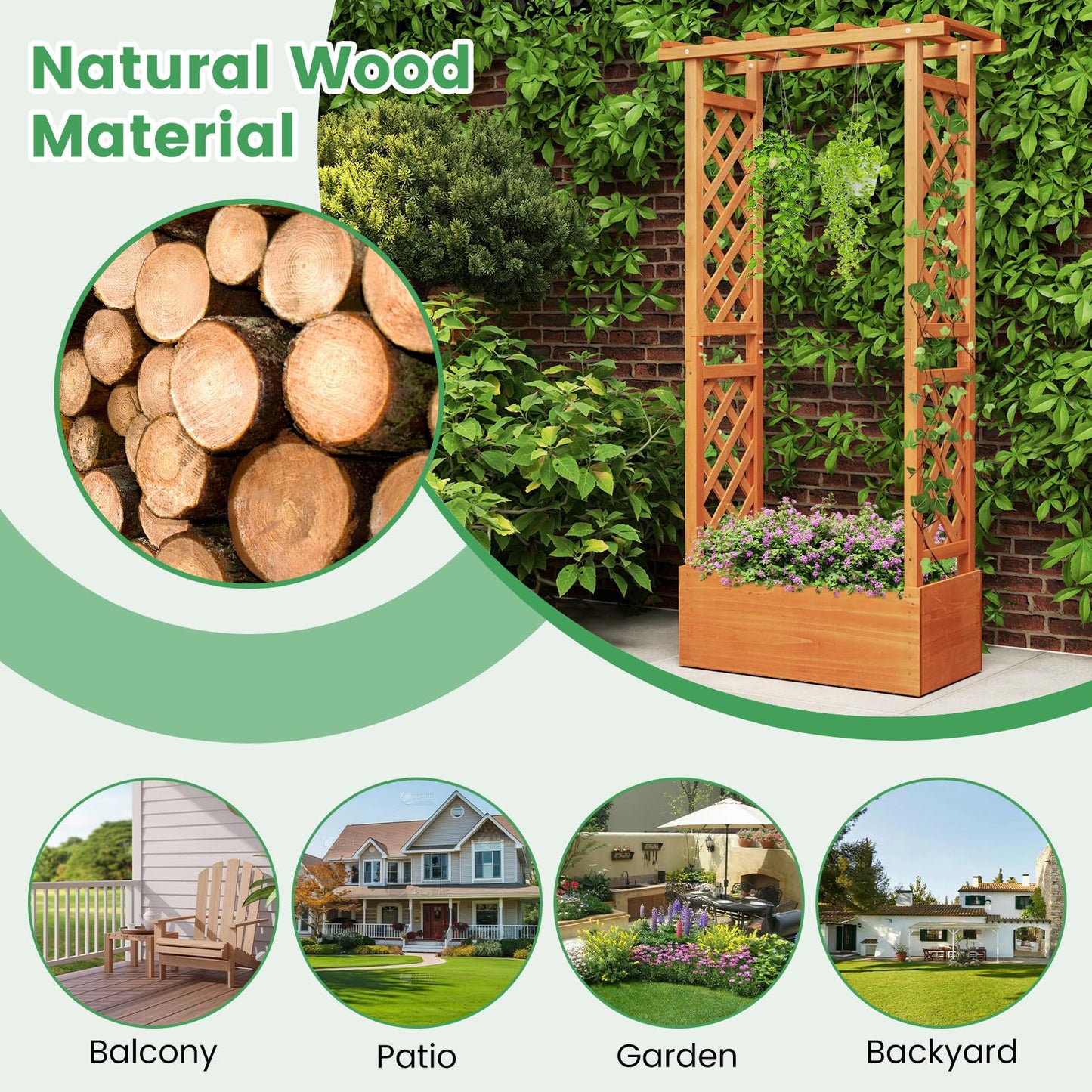 Giantex Set of 2 Raised Garden Bed with 2-Sided Trellis & Hanging Roof, Fir Wood Planter Box w/Drainage Holes, Bottom Gaps, Freestanding Garden Planter for Flowers Herbs Climbing Vines (31"x12.5"x60")