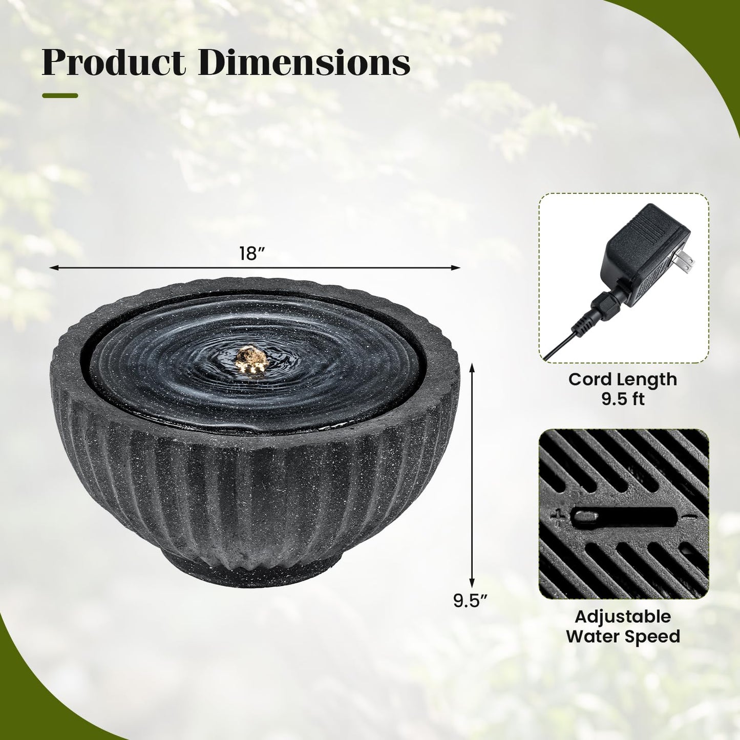 Giantex 18" Round Outdoor Water Fountain with 6 LED Lights, Stone Gray Resin Sphere Waterfall Feature with Adjustable Pump, Lighted Bubbling Fountain for Garden Patio Porch Decor (18" Dia. x 9.5" H)