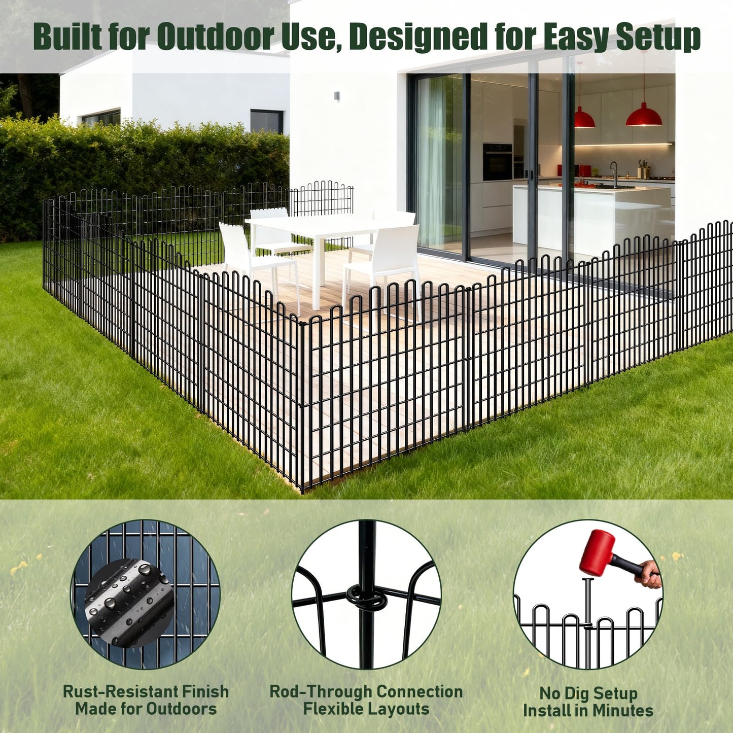 5 Panels No Dig Decorative Garden Fence, 33in H x 11.8ft L Animal Barrier Fencing, Rustproof Dog Fence Outdoor for Yard, Metal Wire Panel Border, Classic Arched-Top Panels for Patio, Flower Bed