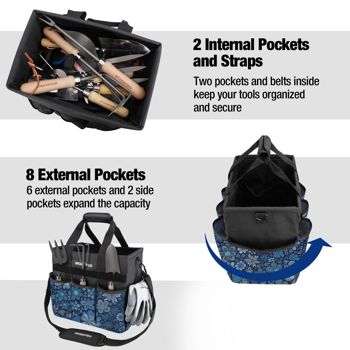 WORKPRO Garden Tool Bag Organizer, Heavy Duty Gardening Tote Bag, 10 Pockets Design with Long Adjustable Shoulder Strap, Standable Garden Home Tool Kits Organizer, Floral Blue (Tools are not Included)