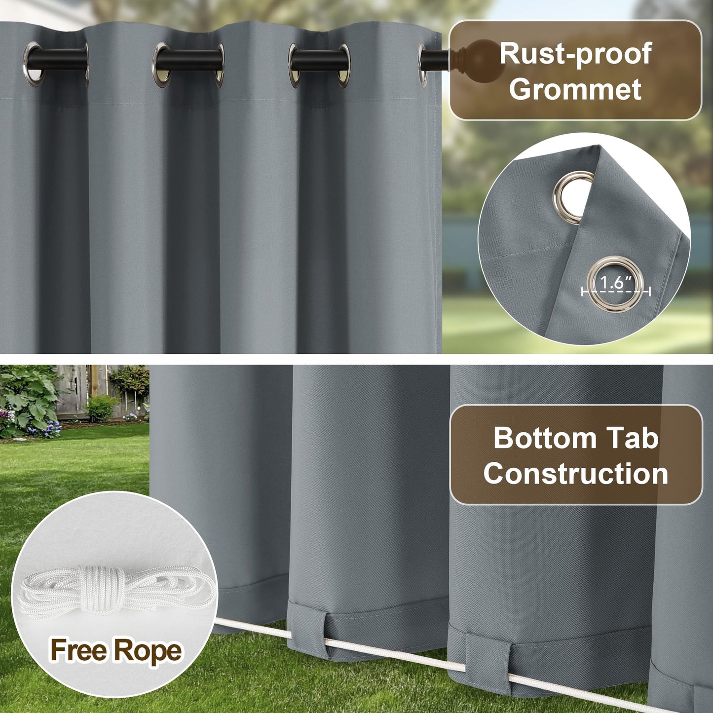 NICETOWN Gazebo Curtains for Outdoor Waterproof 2 Panels, W110 x L95 in, Zipper Patio Curtains Top Grommet & Bottom Back Tab with Rope, Windproof & Privacy Sun Blocking Shades for Porch Pergola, Grey