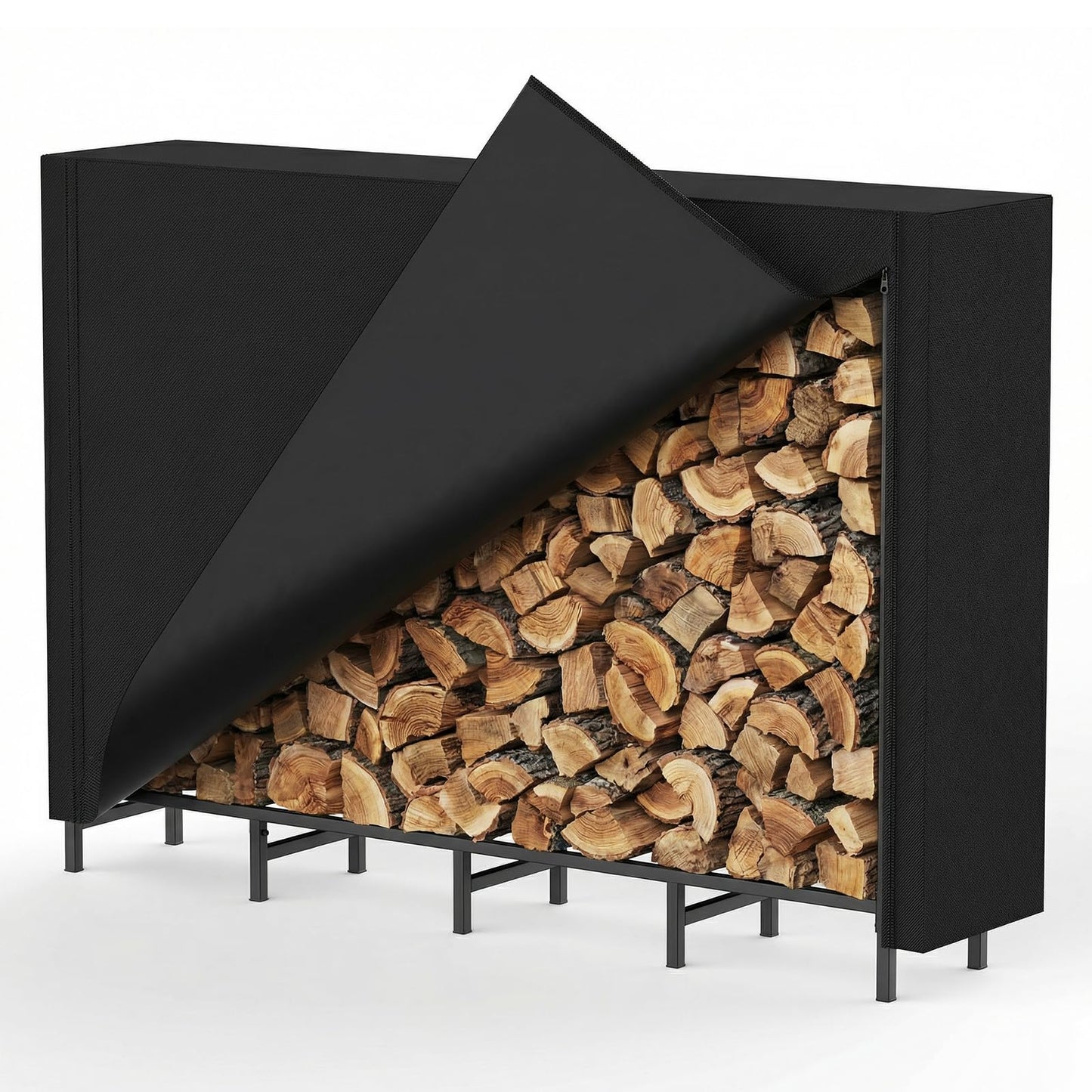 Outdoor Firewood Storage Holder with Cover, Heavy Duty Metal Indoor Log Stacker Rack with Weather Resistant 600D Oxford Fabric Cover, Wood Pile Storage Carrier Organizer Stand for Fireplace, Black