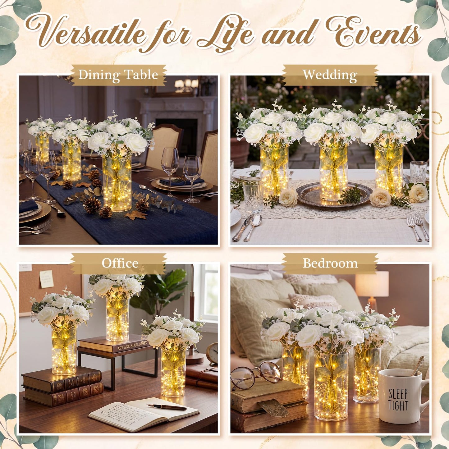 Domensi 6 Sets Wedding Table Centerpieces, LED-Enhanced Floral Arrangements with Faux Roses, Eucalyptus, Baby's Breath, and Acrylic Vase for Bridal Showers, Home Dining, and Parties (White)