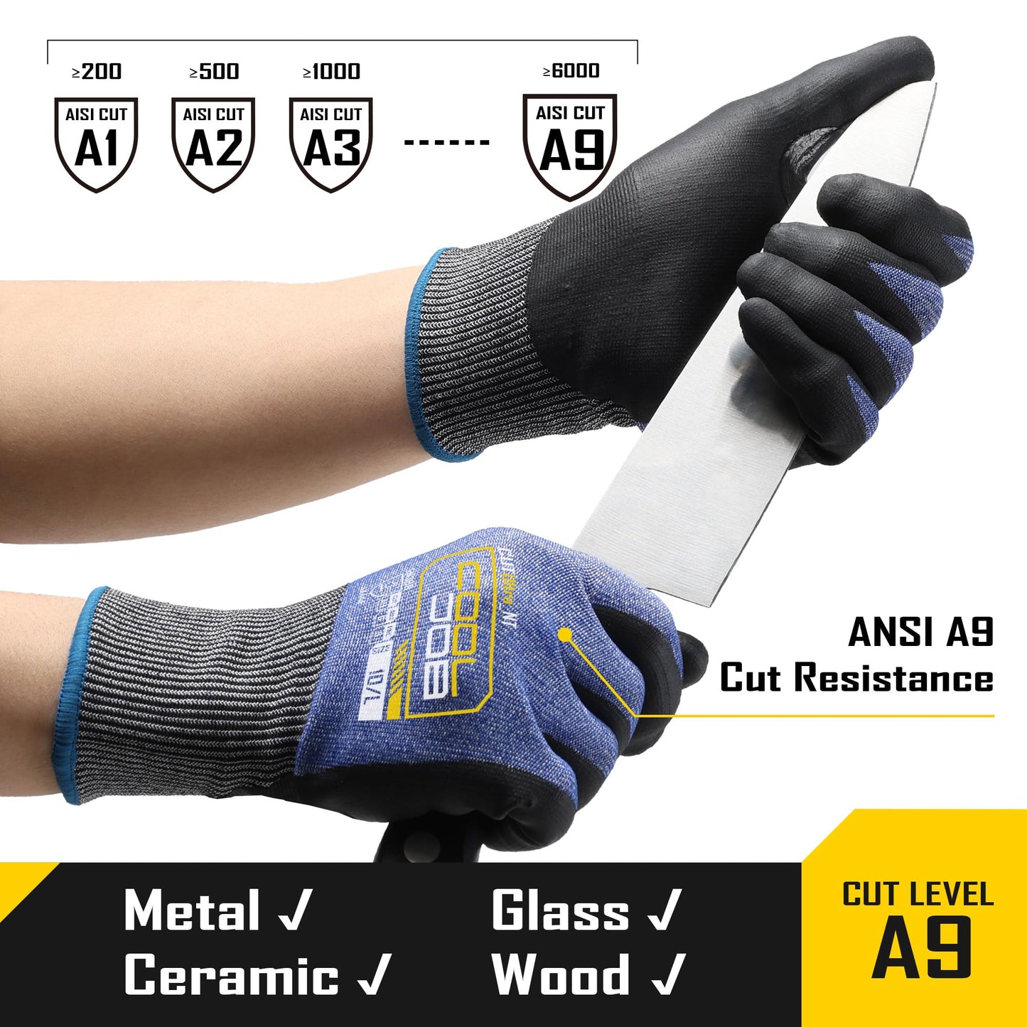 COOLJOB ANSI A9 Cut Resistant Gloves - 1/3 Pairs, Touchscreen Highest Knife Proof Level with Microfoam Nitrile Coated, Safety Work Gloves for Wood Carving, Glass Work, Construction, Blue Large