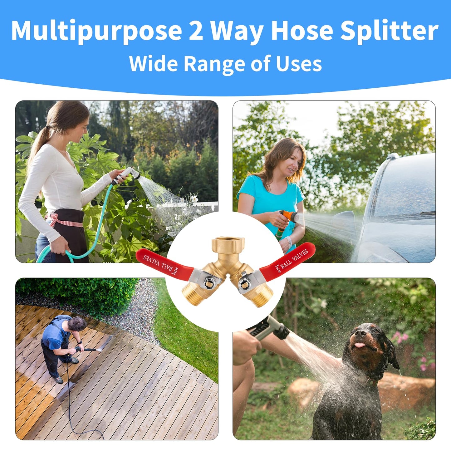 Garden Hose Splitter 2 Way Heavy Duty, Solid Brass Faucet Splitter with Shutoff, Outdoor Full Flow Y Valve Water Hose Splitter Adapter With Long Handle 3/4" GHT Thread