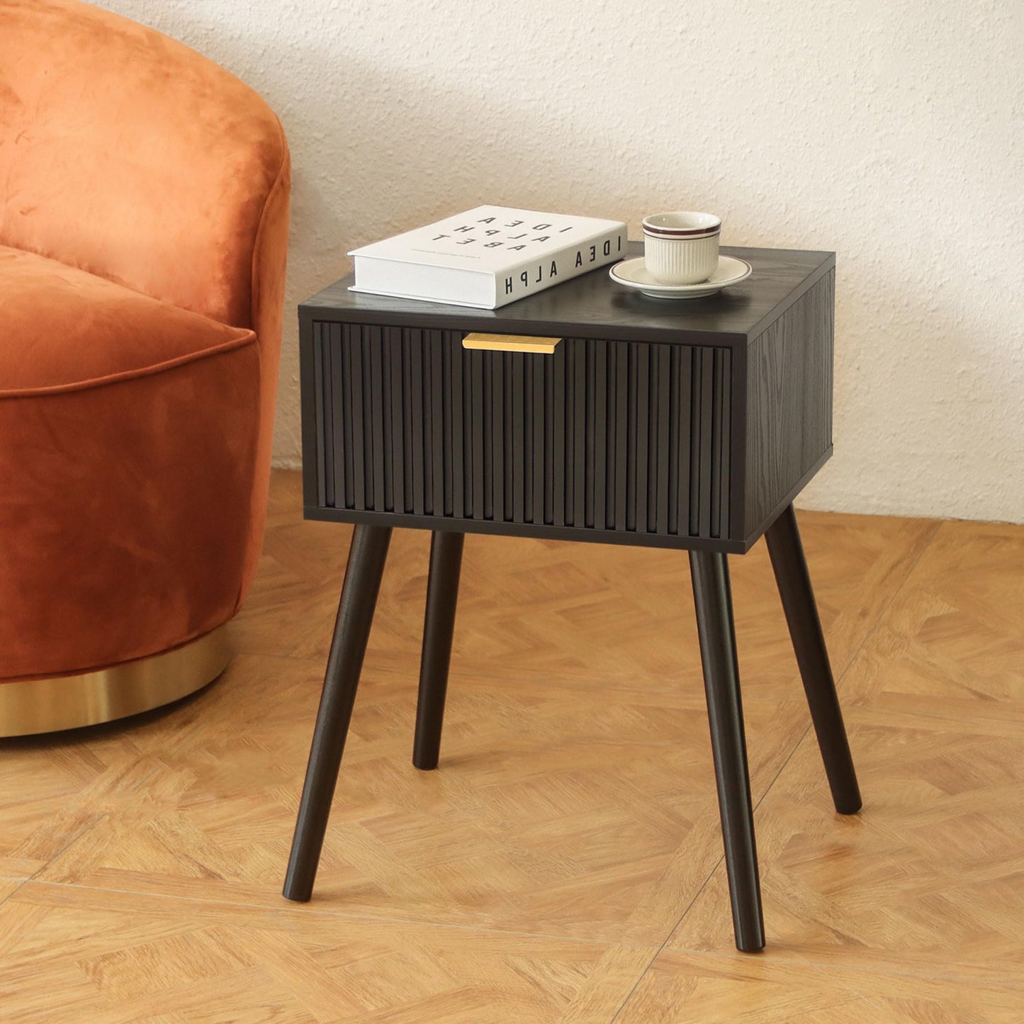 AWASEN Black Nightstand, Small End Tables Living Room, Accent Bedside Table with Fluted Drawer for Bedroom and Small Space, Black