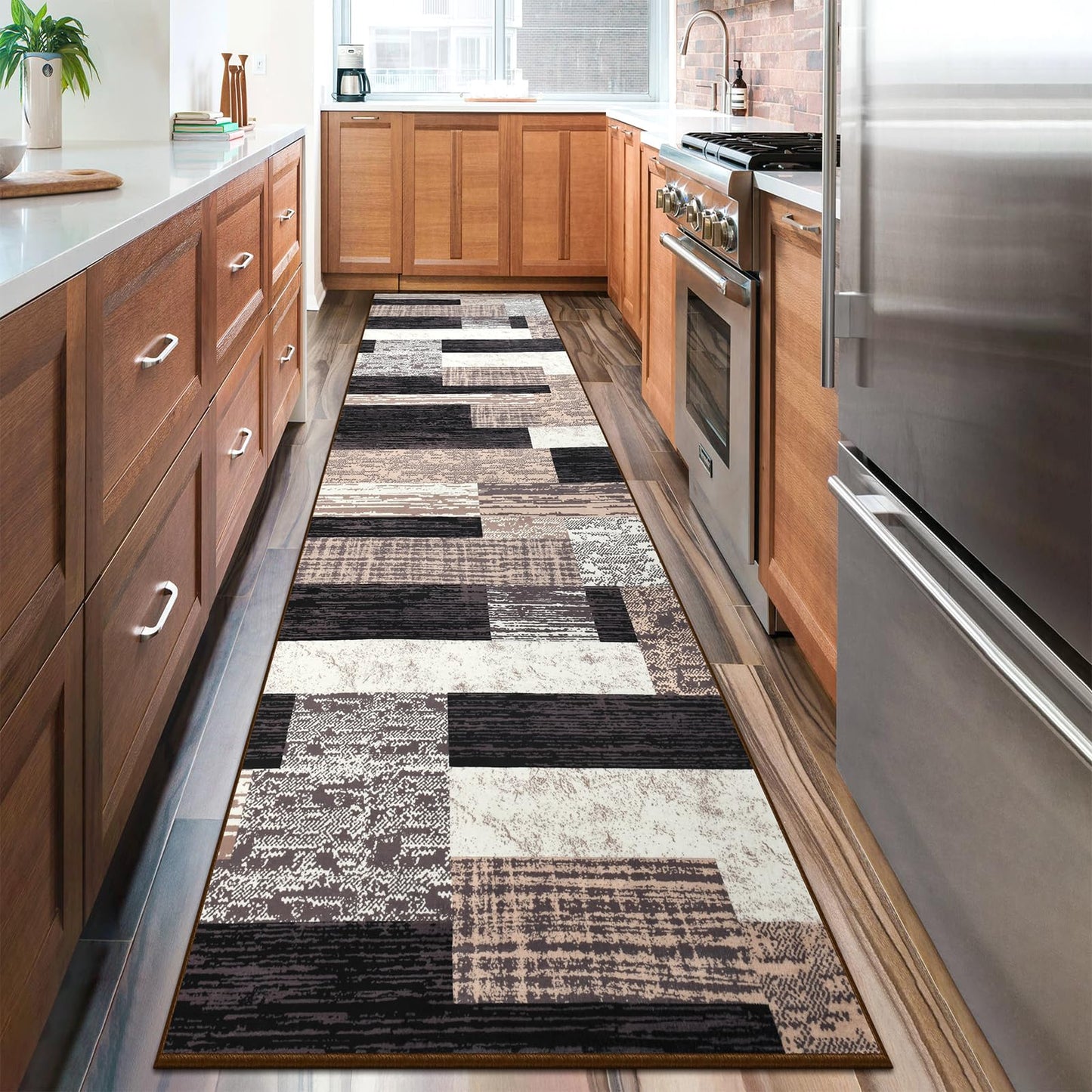 Indoor Runner Rug, Washable Runner Rug with Rubber Backing, Modern Geometric Patchwork Aesthetic Carpet for Bedroom, Living Room, Hallway, Entryway,Washable Rugs Rockwood Collection,2.7x10Ft Chocolate