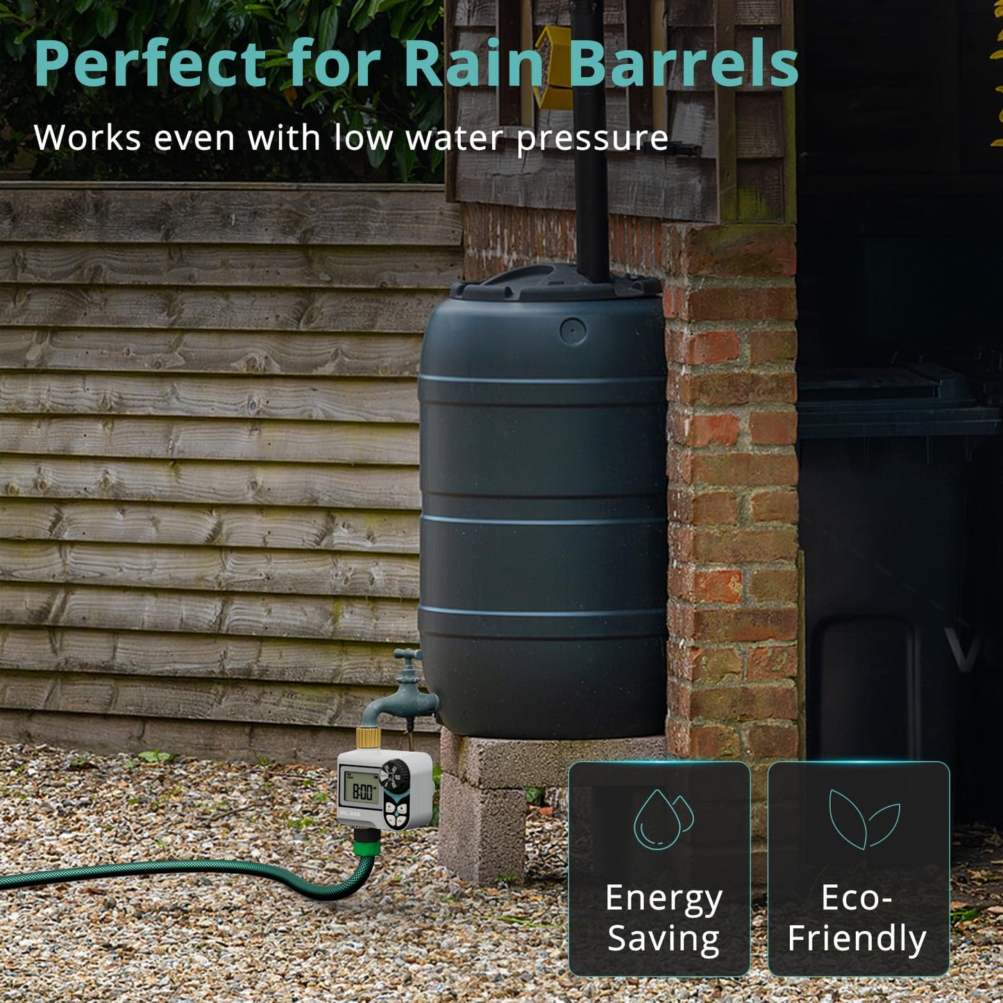 QUOBAS Zero Pressure Water Timer, Programmable Sprinkler Timer for Garden Hose Faucet with Brass Ports, Rain Delay/Manual/Automatic Irrigation System, Low Pressure Watering Compatible Rain Barrel