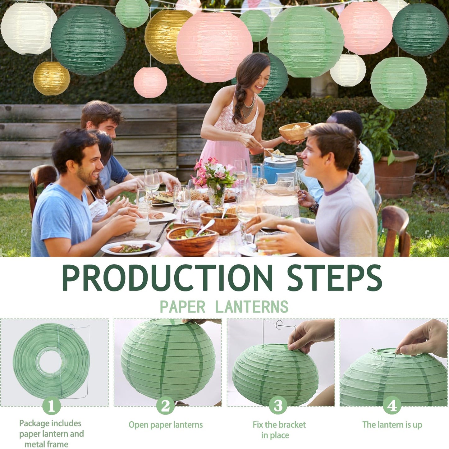 ADLKGG Paper Lanterns Decorative, Hanging Paper Lantern Decorations for Valentines Day Decorations Graduation Wedding St. Patrick's Day Neutral Baby Shower Home Decor Sage Green/Pink/Gold 21pcs