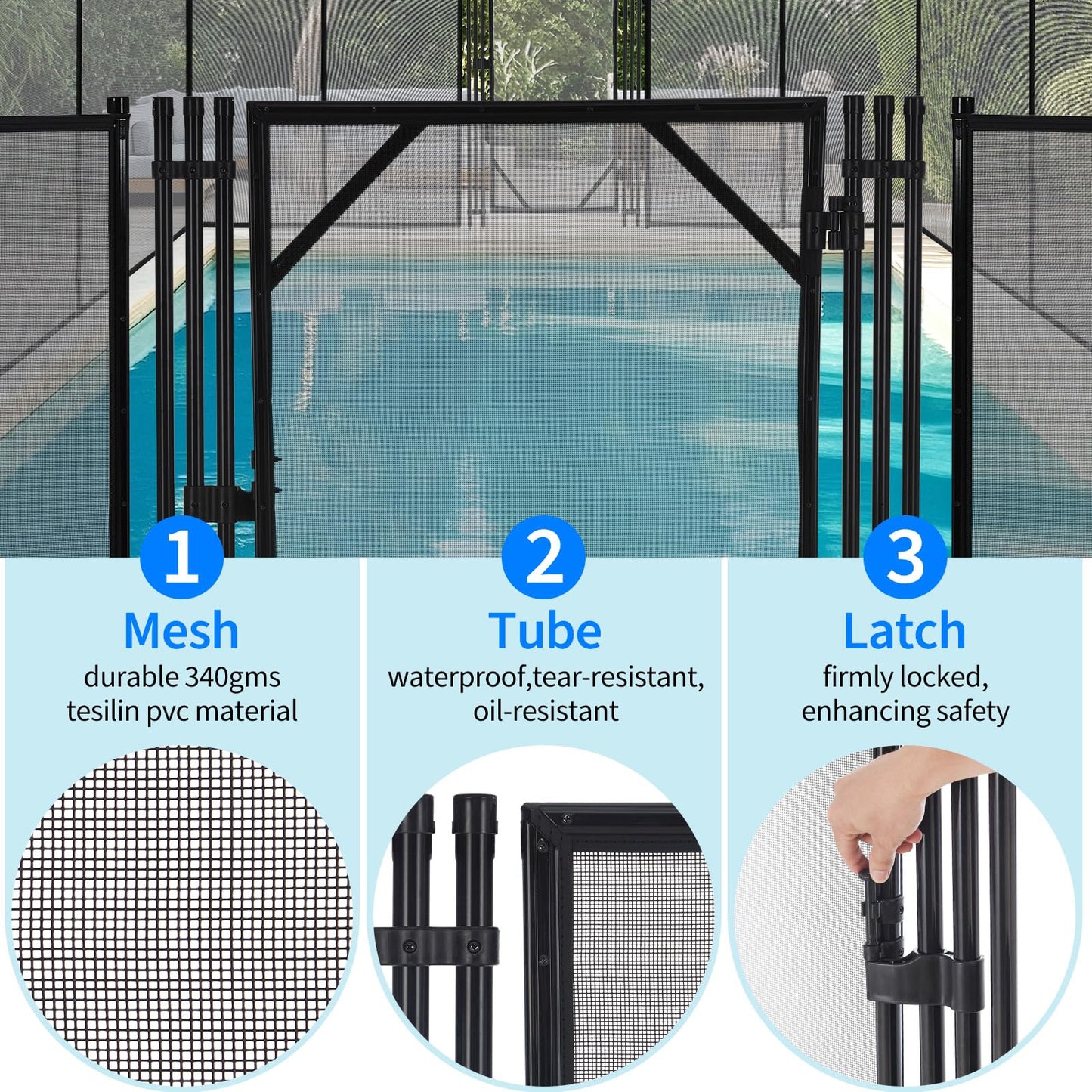 Pool Fence Gate, Modular Removable Safety Barrier with 320GSM Mesh, Connectable Panels for Any Pool Shape, Ideal for Inground, Above Ground Pools, Patios, Gardens, Black Modern Design
