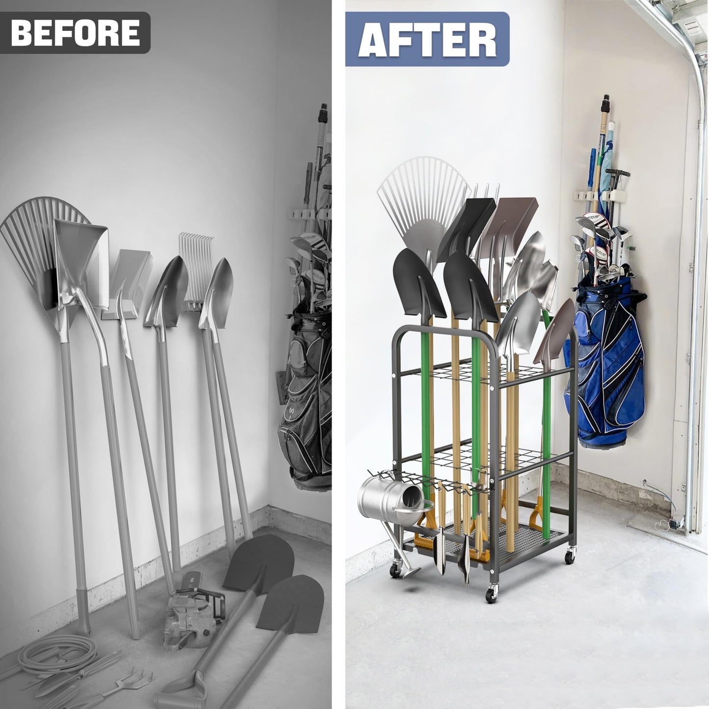 WALMANN Garden Tool Organizer with Wheels for Garage, Rakes/Shovels/Yard Tools Stand for Garden, Shed, Indoor/Outdoor Long-Handled Tools Rolling Cart(Small)