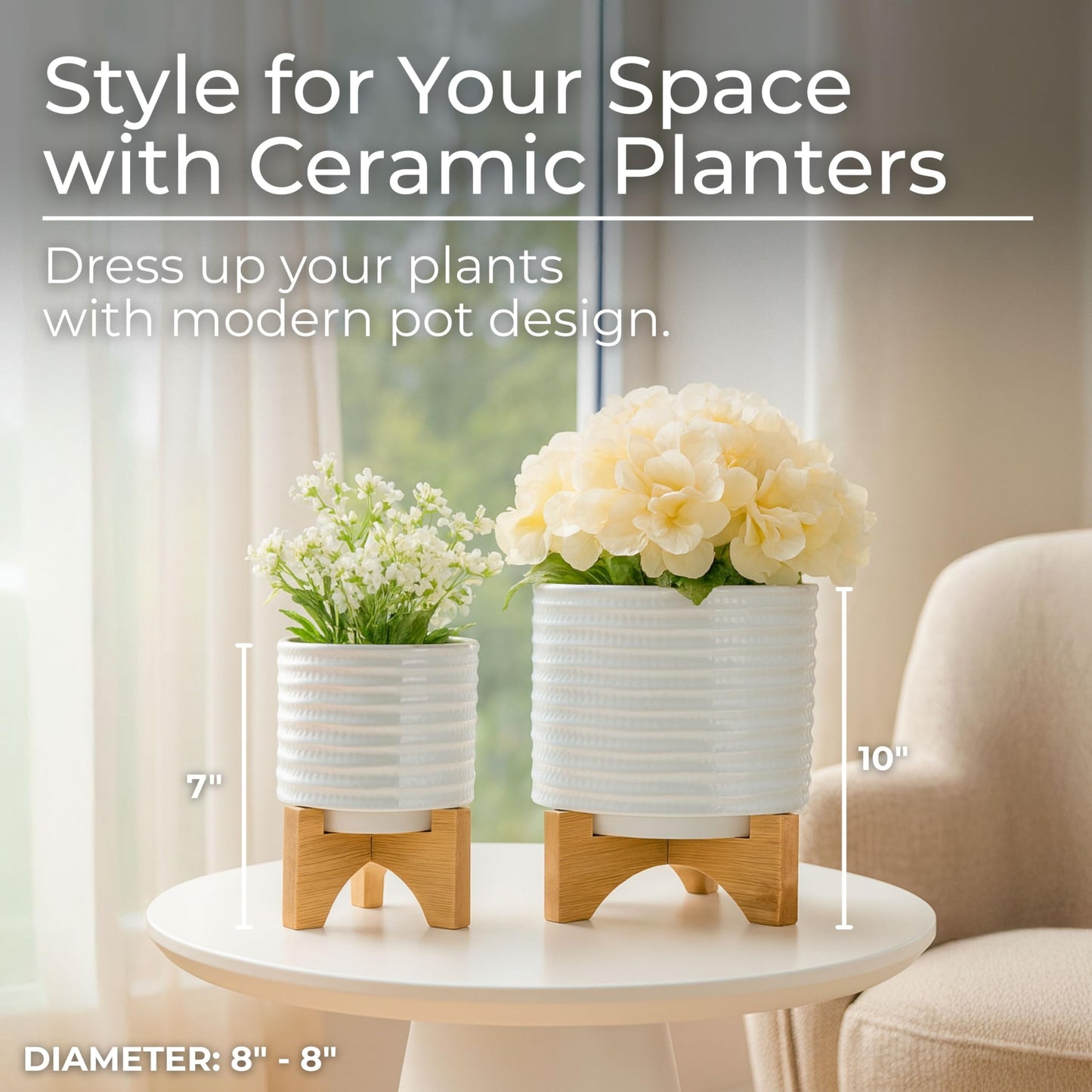 Ceramic Planter with Bamboo Stand – Modern Home Decor Indoor Plant Pot with Textured Stoneware Design – Decorative Planter with Legs for Living Room, Bedroom, Office, Patio, or Garden - 8", White