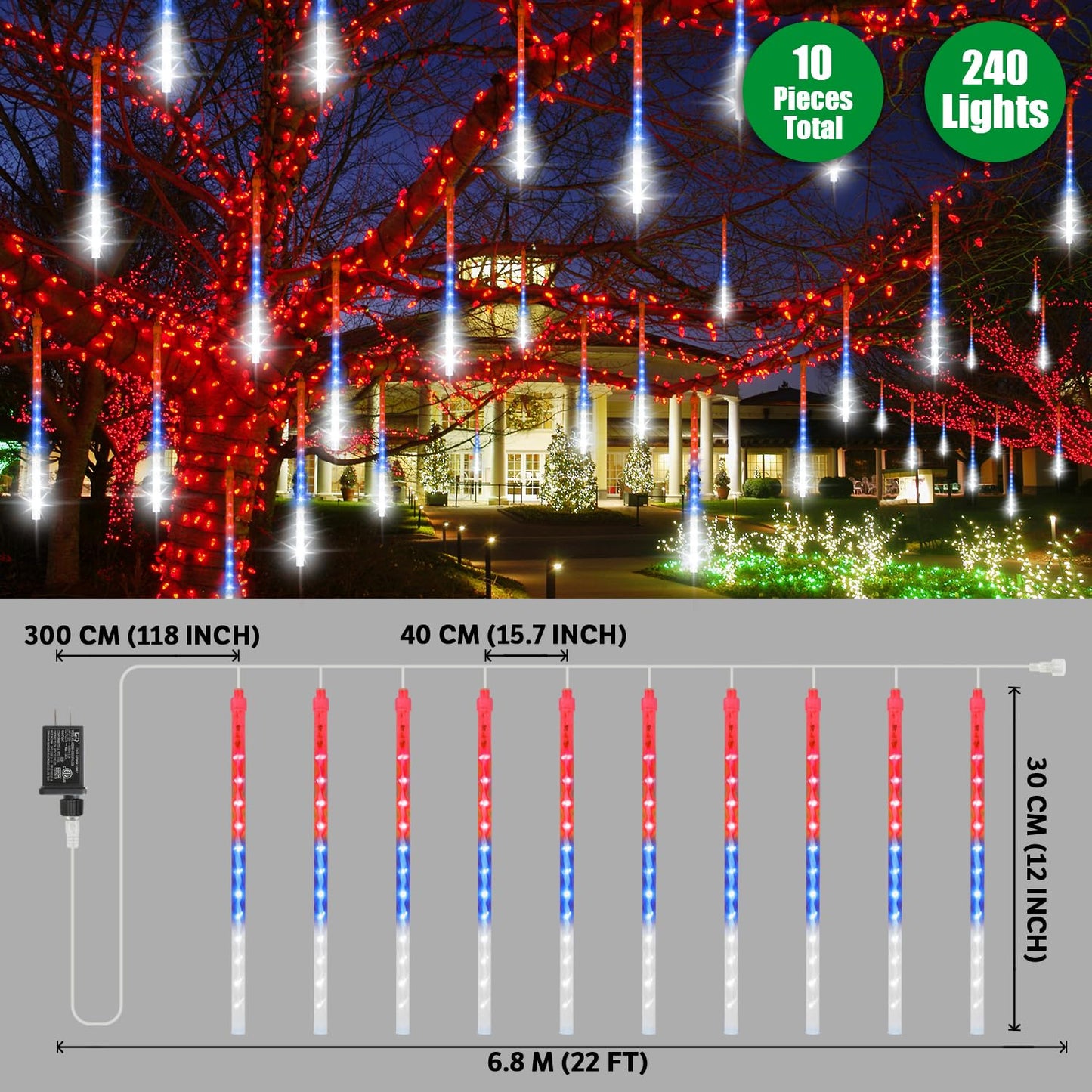 LAMPHOME 12in Red White Blue Patriotic Icicle Lights, 4th of July Outdoor Lights Meteor Shower Snow Falling Lights 10 Tubes 240 LED Waterproof Plug in, Fourth of July Outdoor Decor for Yard Tree House
