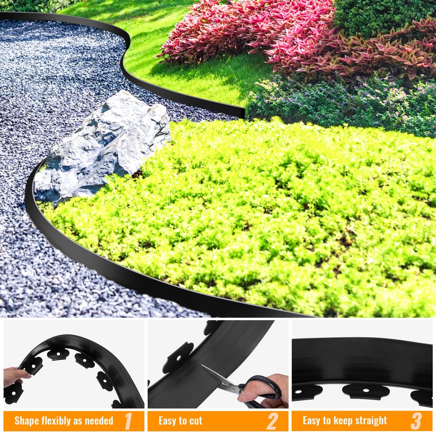 Landscape Edging, 3" x 50' Garden Edging, Black Edging for Landscaping with 45 Pcs Anchoring Spikes for Garden Flower Beds Yard Lawn