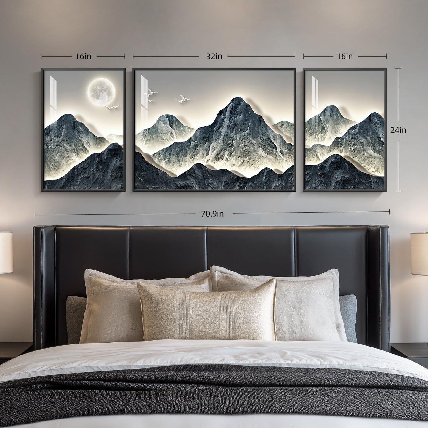 Framed Modern Mountain Wall Art for Living Room, 3 Piece Blue Luxury Bright Style Painting Prints, Landscape Moon Artwork for Dining Room Hallway Home Office Wall Decor