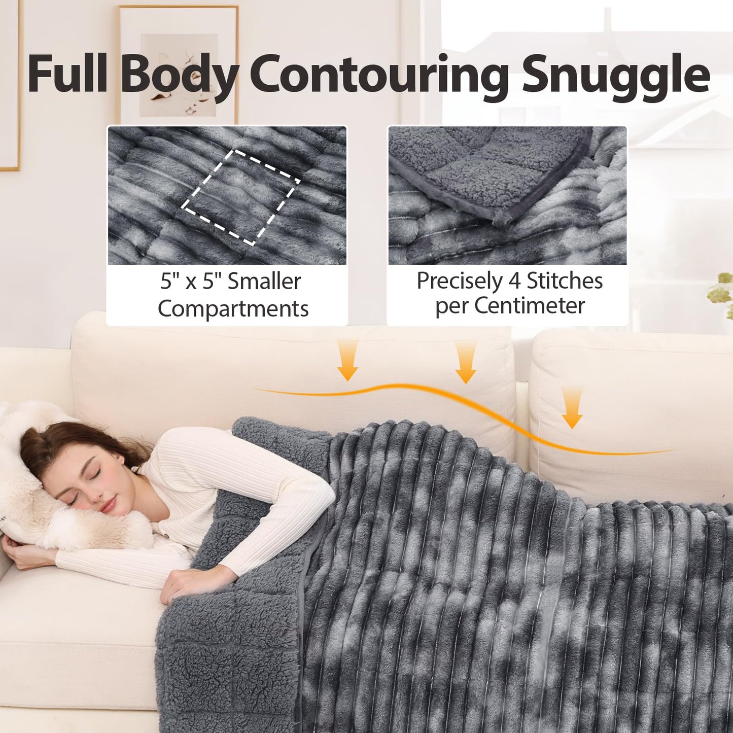 UINIU Sherpa Fleece Weighted Blanket with 3D Ribbed Stripes, 15 lbs Soft Flannel Heavy Throw Blanket for Couch Bed Sofa, Heavy Thick Blankets with Glass Beads, Great for Sleep, 48" x 72"