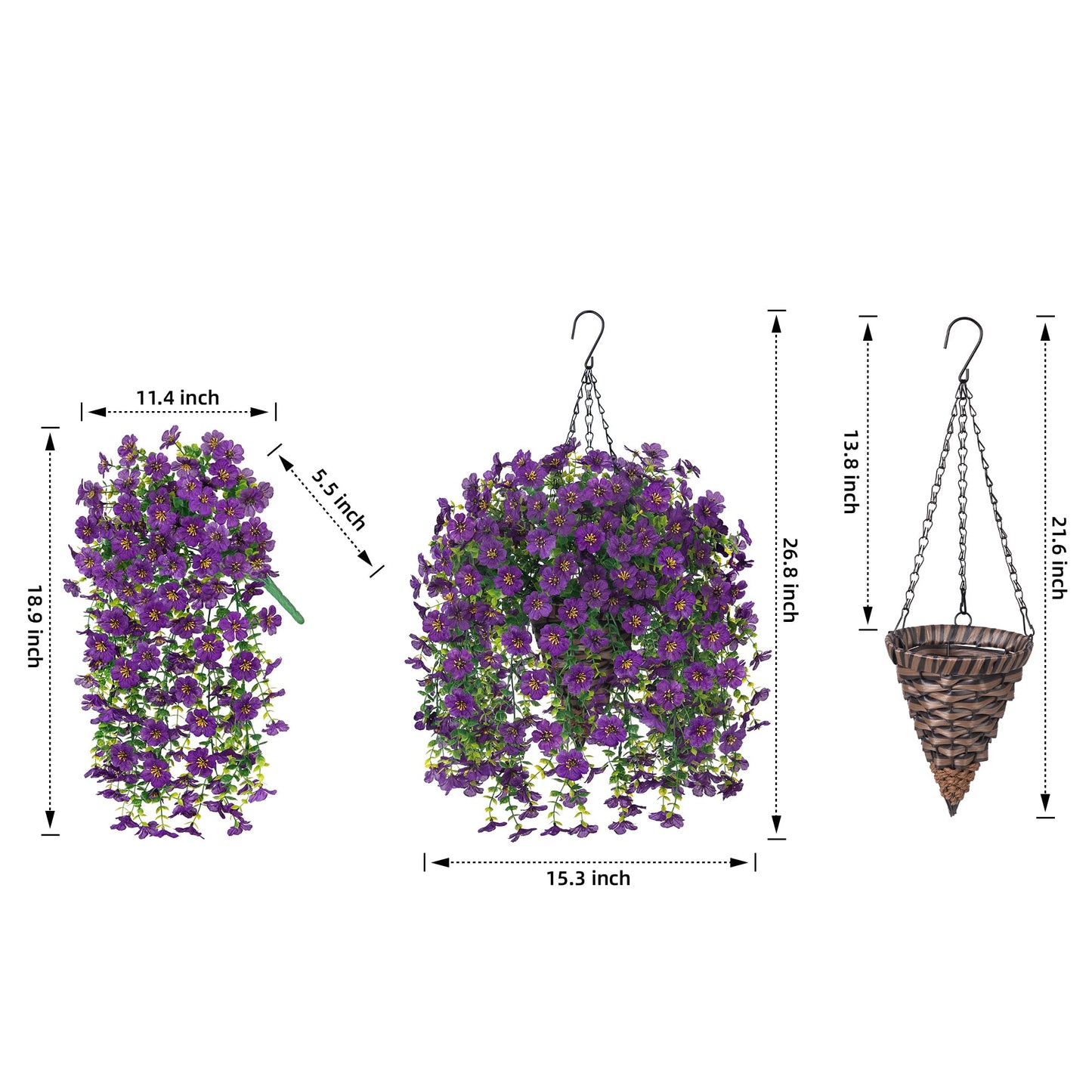 HyeFlora Artificial Hanging Flowers Basket for Outdoor, Fake Flowers Faux Plants Look Real for Yard Gardens Porch Patio Home (Darkpurple)