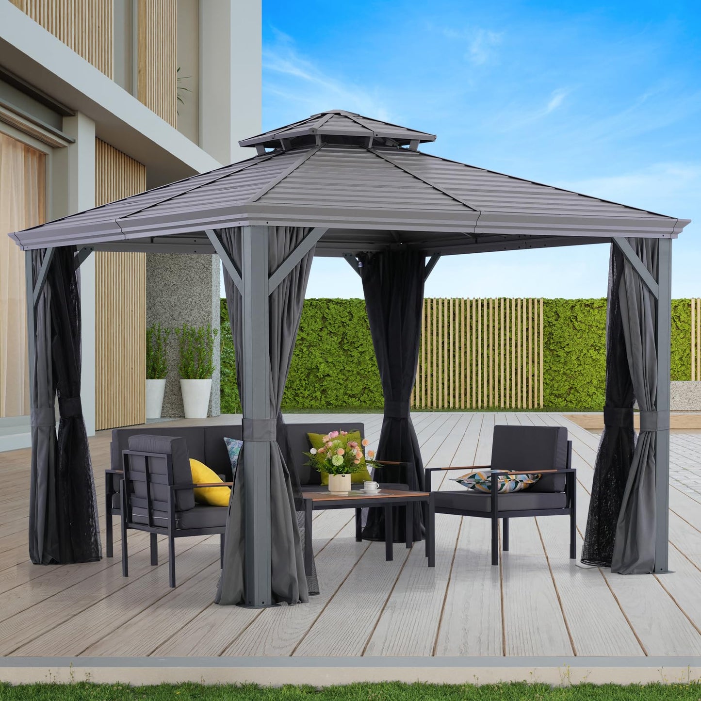 LeDoasis Nova 10' X 10' Permanent Hardtop Gazebo with Breathable Netting & Privacy Curtain, Heavy Duty Galvanized Steel Double Roof, Garden, Lawn, Deck, Backyard