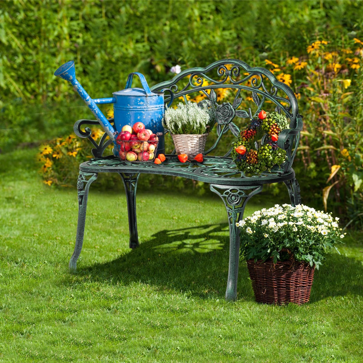 Outvita Outdoor Bench, 38"" Cast Aluminum Garden Bench Anti-Rust Weather Resistant Patio Bench Rose Pattern Bench for Front Porch, Backyard, Lawn, 1, Green