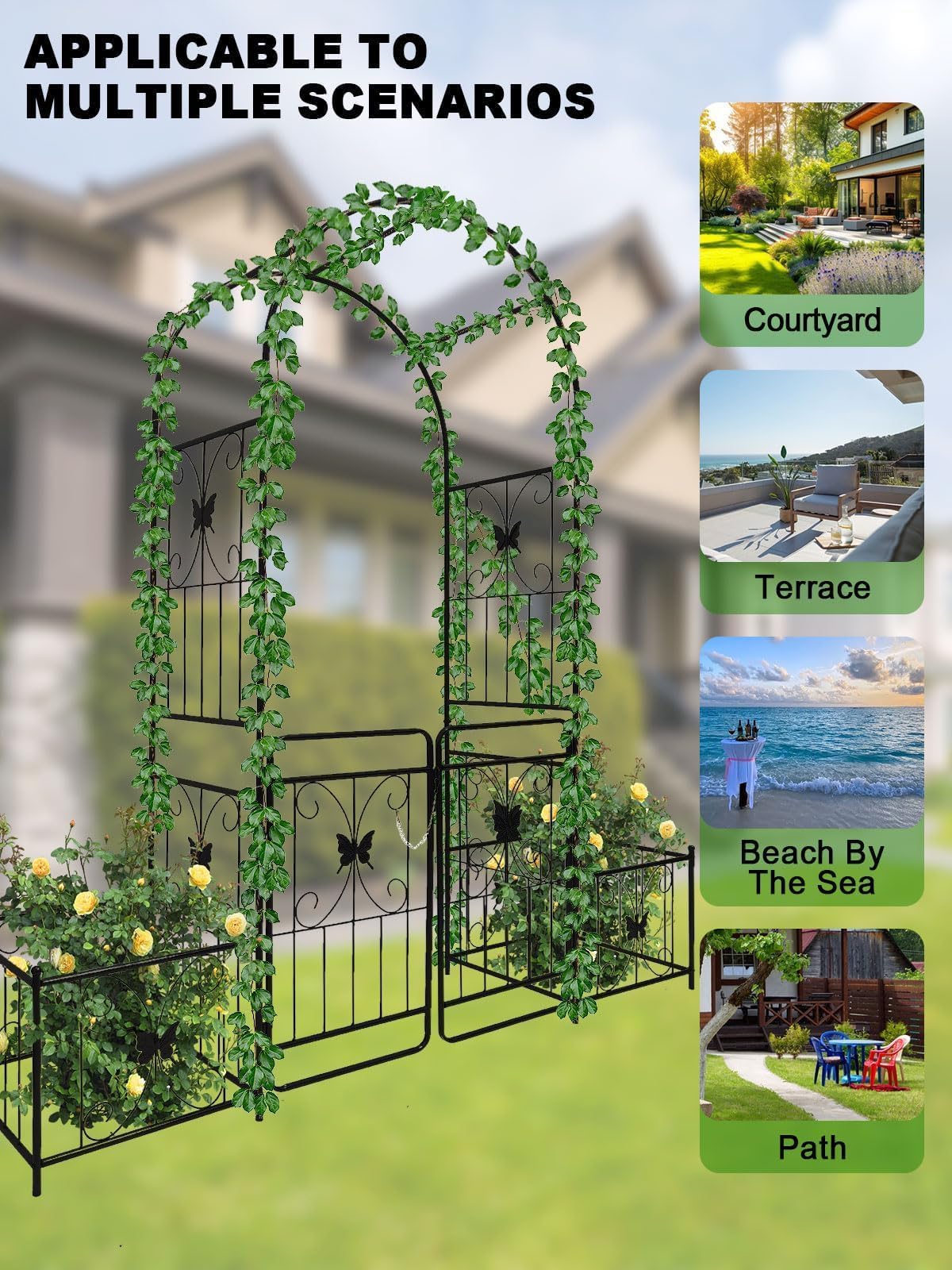 Kalolary Garden Arch with Gate and Plant Box, Heavy Duty Metal Butterfly Garden Arbor for Climbing Plant Raised Bed Rose Vines Climbing Support for Lawn Backyard Patio Outdoor Decor (86.6"x79.8"x20")