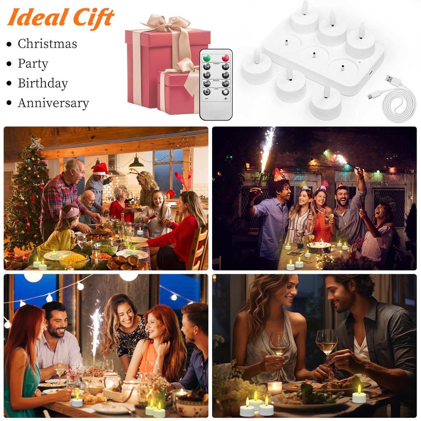HAIDOLIANG Rechargeable Tea Lights with Remote Timer & Dimmer, USB Flickering Battery Operated Flameless Candles for Aniversary, Wedding Centerpiece Table Decor, Halloween, Christmas (6PCS)