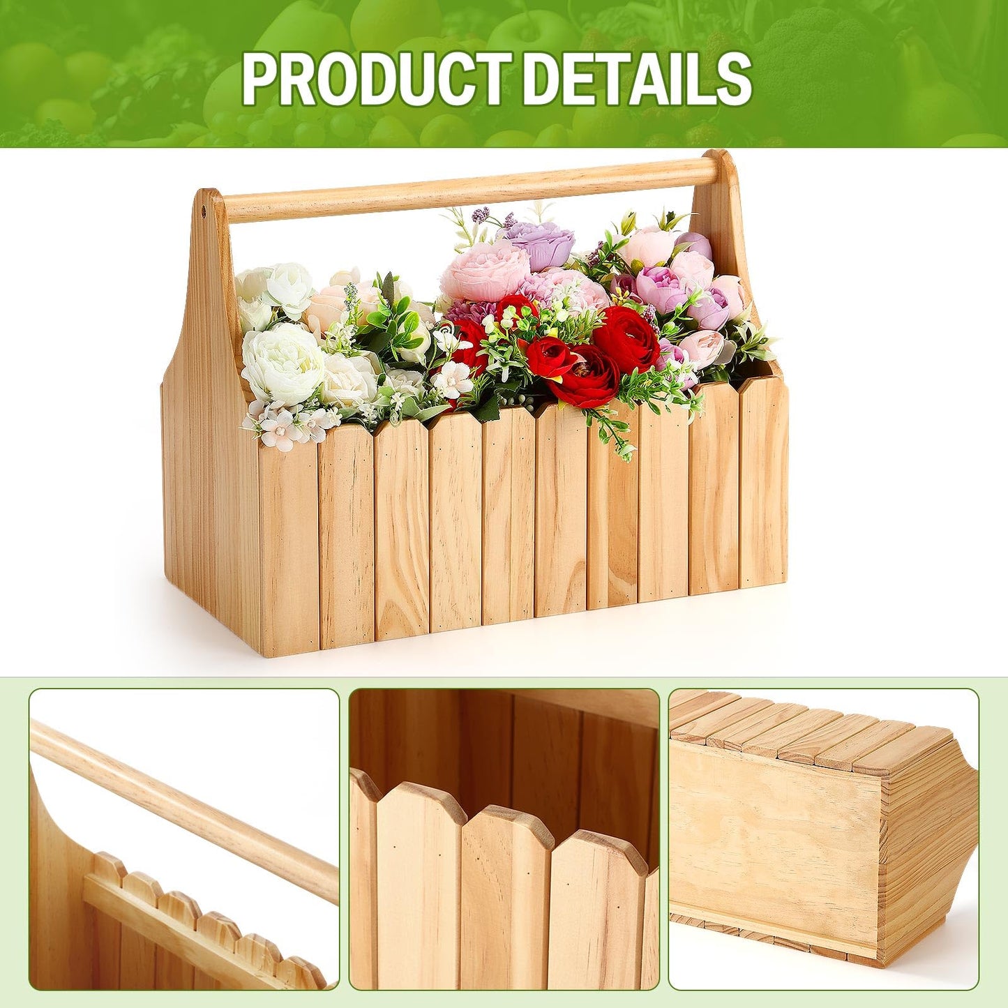 Remerry 16 Inch Garden Harvest Basket Wooden Caddy with Handles Fruit Flower Gathering Basket Garden Hod Storage Box with Wood Slats for Harvesting Vegetables Gardeners Home Use Gifts