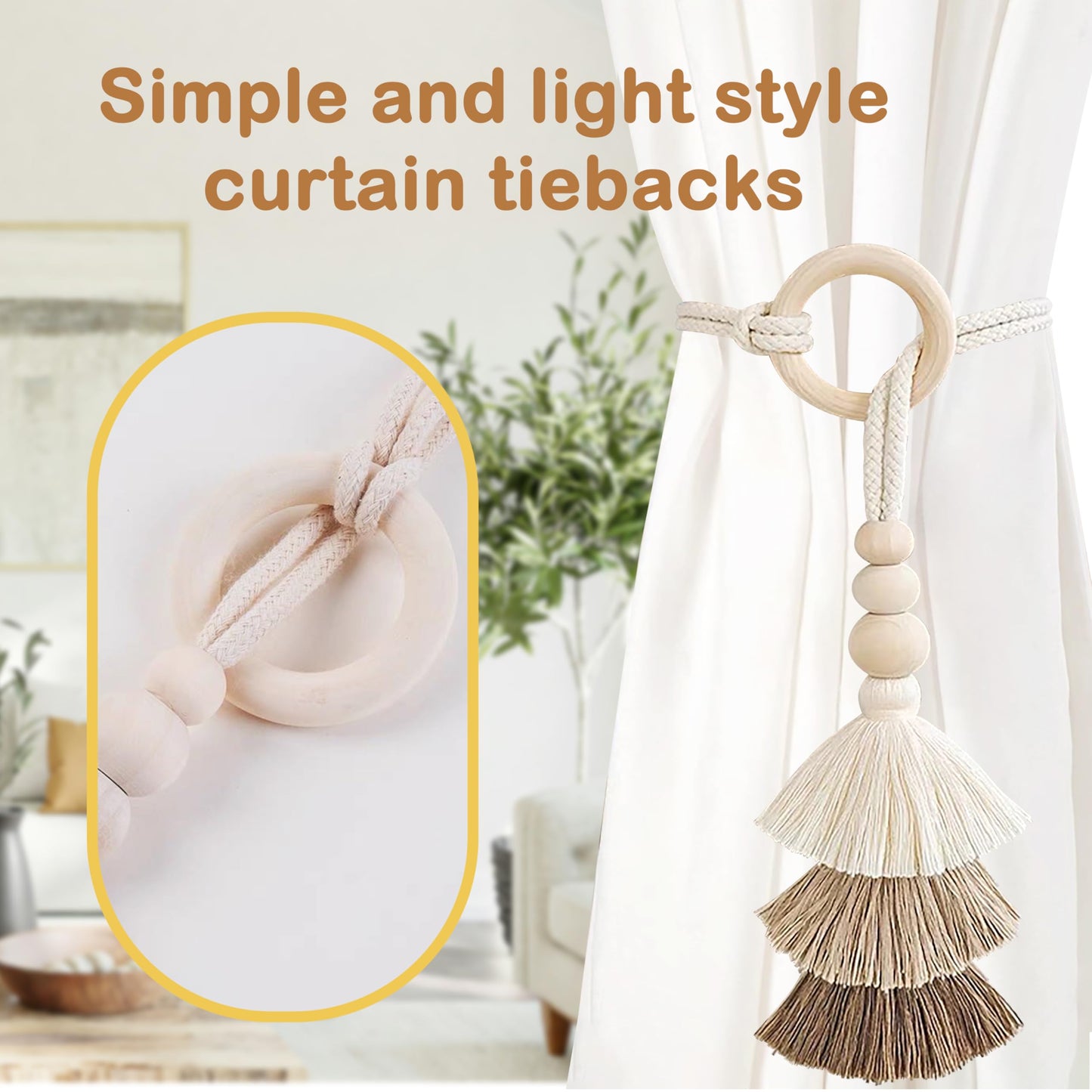 SRG Rope Curtain Tiebacks with Tassel Boho 2 PCS Handmade Wooden Ring Curtain Tie Backs Accessories Wall Decoration Drapery Curtain Holdbacks for Bedroom Window