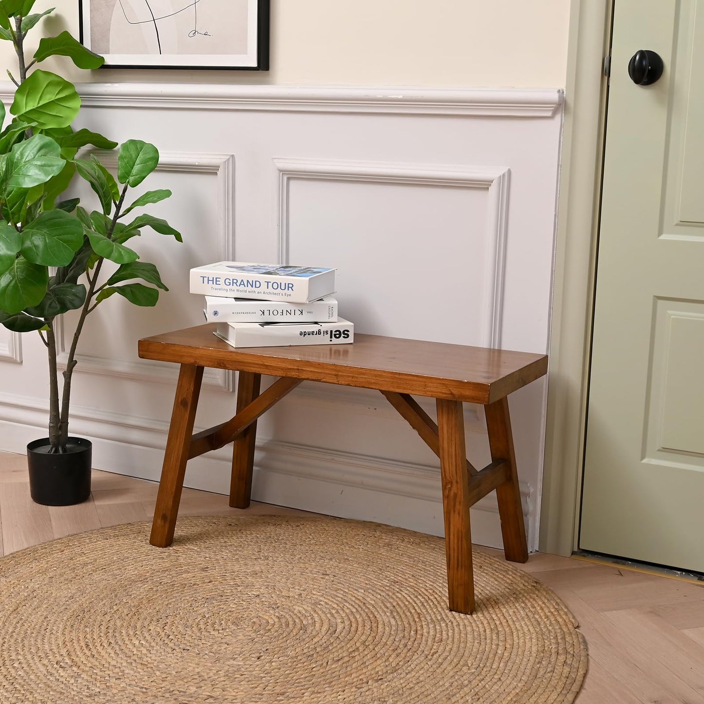 Handcrafted Solid Wood Bench, 30" - Farmhouse-Style Entryway Seating for Living & Dining Room, Rustic Design, Natural Finish