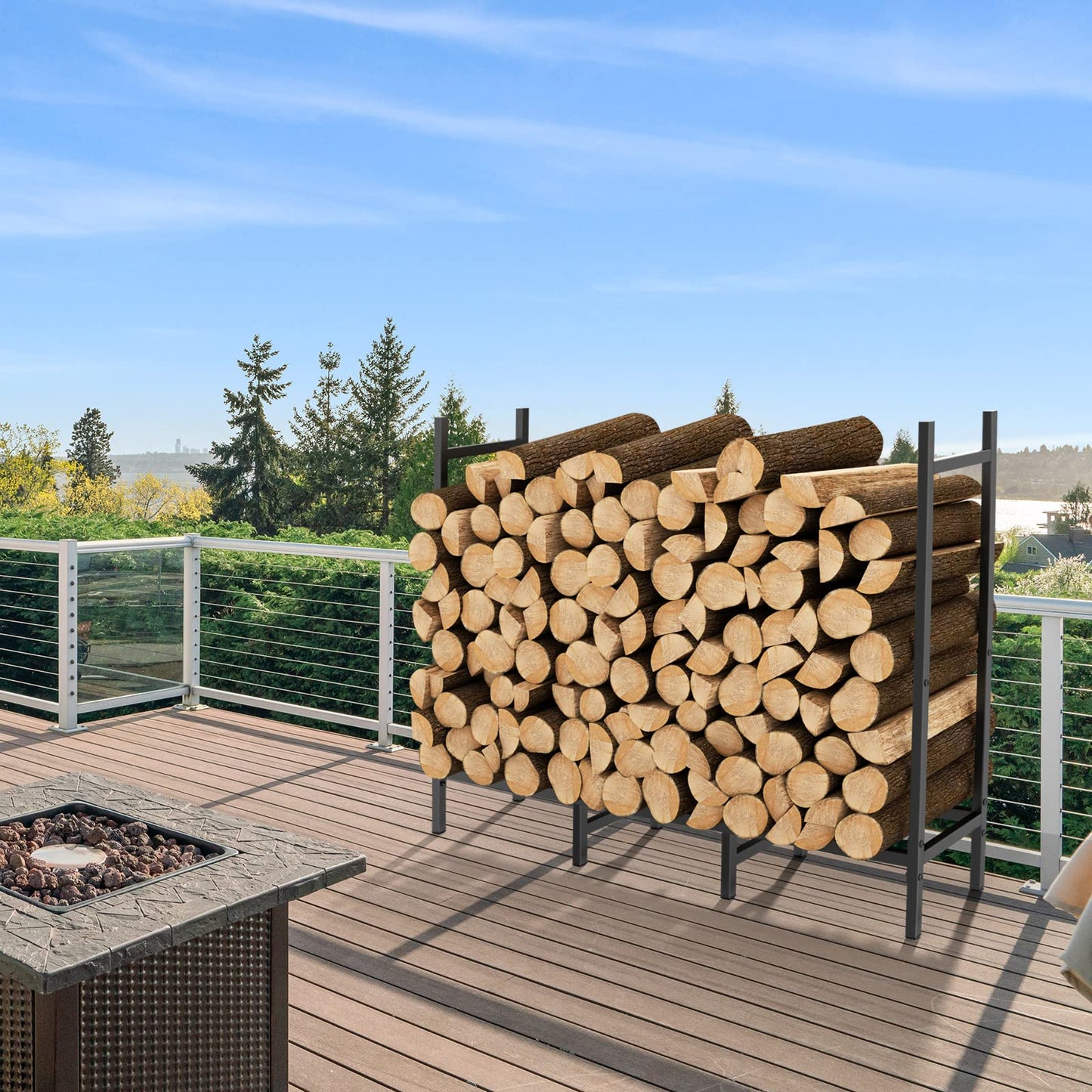 4FT Firewood Rack Indoor Outdoor, Heavy Duty Log Holder Stand for Fireplace, Adjustable Wood Storage Organizer with Weather-Resistant Tubular Steel, Cradle for Kindling & Stacking Logs