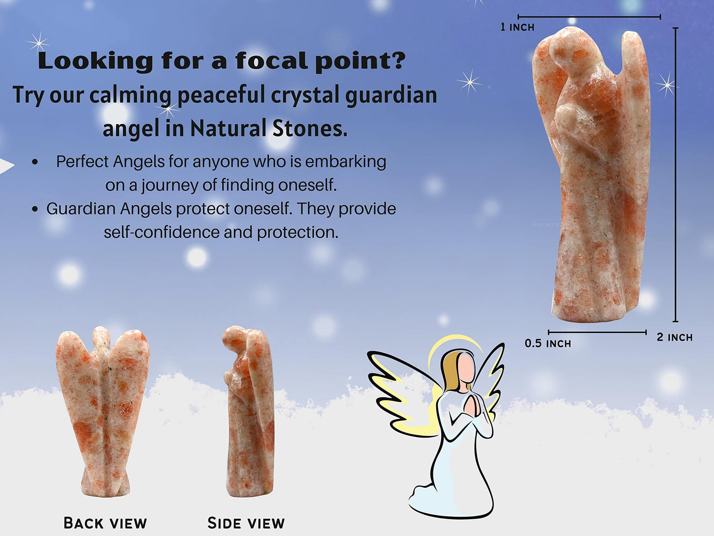Amazing Gemstone Sunstone Crystal Guardian Angel Figurines Ornament for Healing Birthstone, Decoration Statue (Hand Carved Pocket Gemstone Angel) (2 Inch)