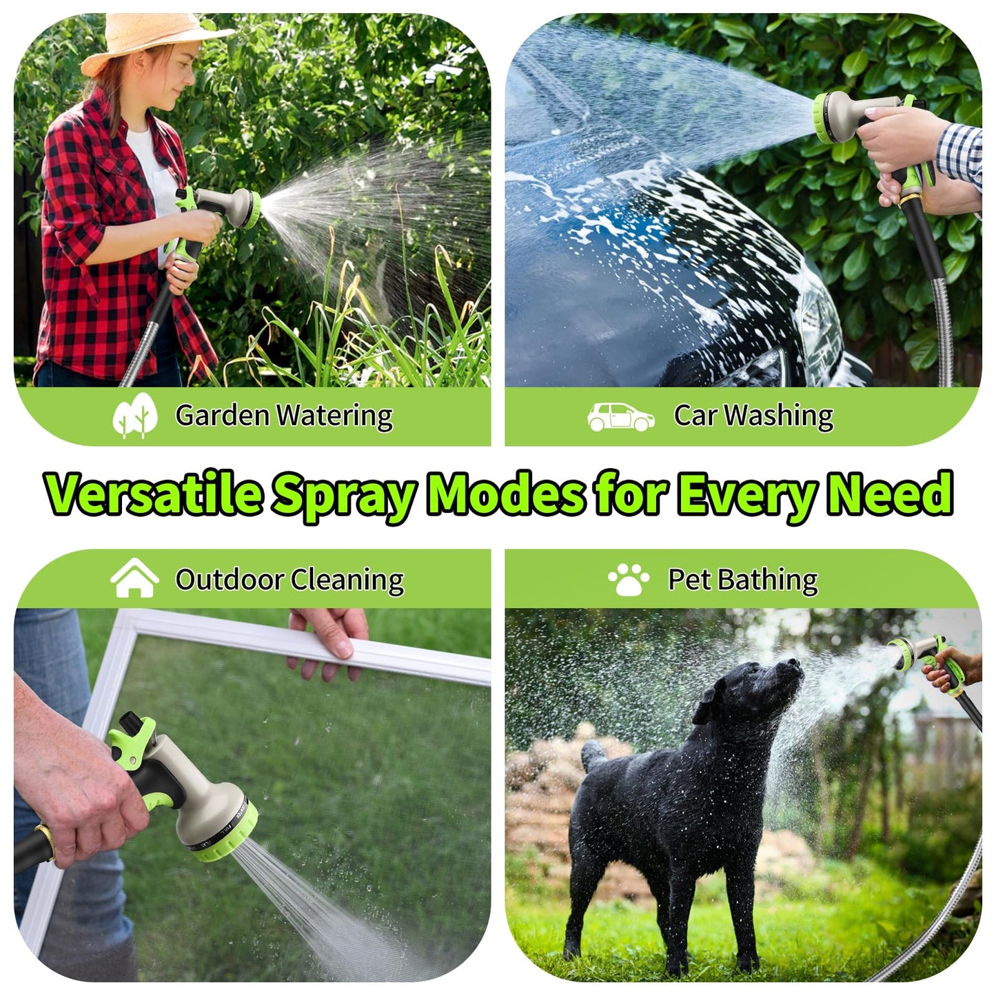 GOXAWEE Garden Hose 100FT, Stainless Steel Heavy Duty Water Hose With 10 Function Nozzle, No-Kink, Tough & Flexible, Sturdy and Lightweight, Rust Proof for Yard, Outdoor, RV