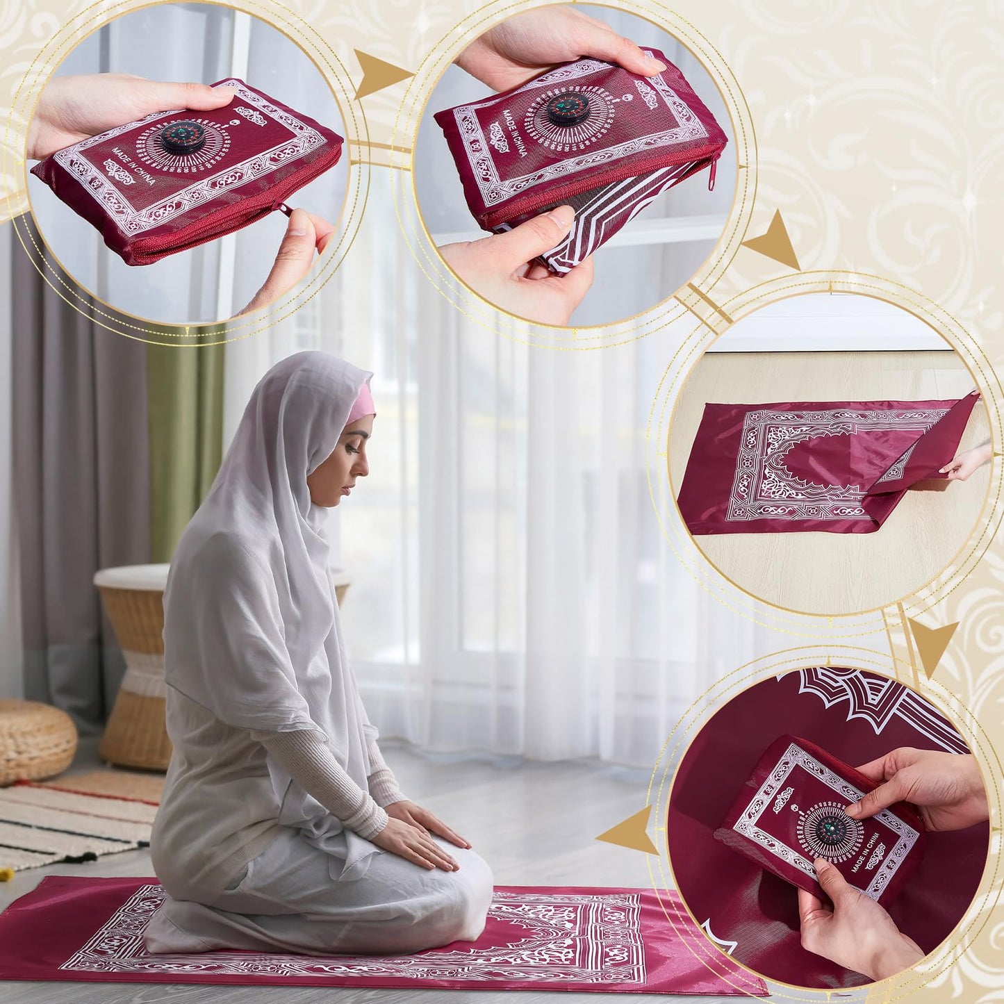 Mindsoft 8 Pcs Portable Travel Prayer Mat with Compass Islamic Waterproof Polyester Praying Rug with Pocket Sized Carry Bag for Muslim Ramada Eid Gifts (60 cm x 100 Cm)