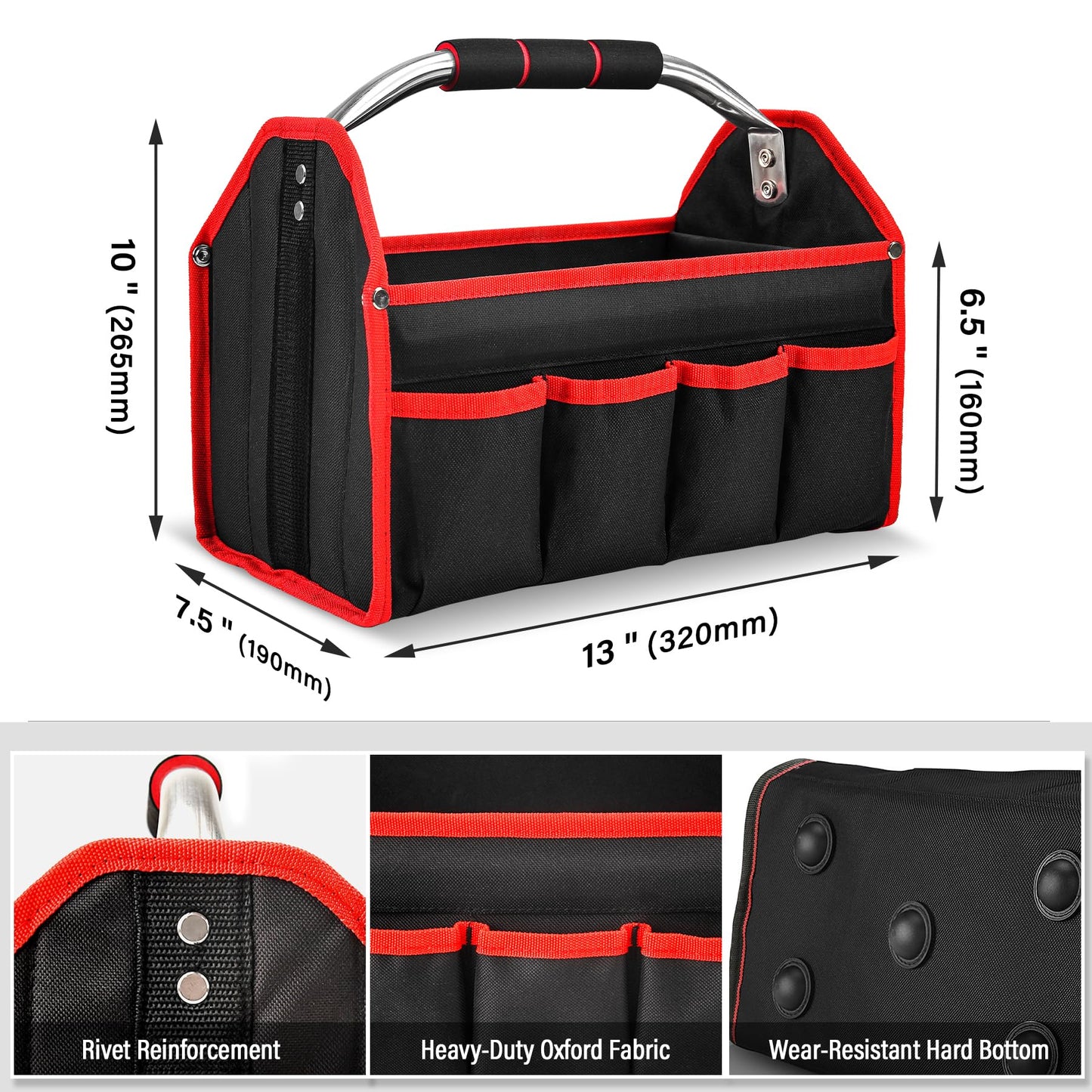 HAUTMEC 13 Inch Tool Bag, Foldable Open Top Tool Bag with Stiff Frame, Heavy-Duty Tool Tote with Padded Handle, Water-Resistant Base, Portable Tool Organizer for DIY & Jobsite Use – TB0001