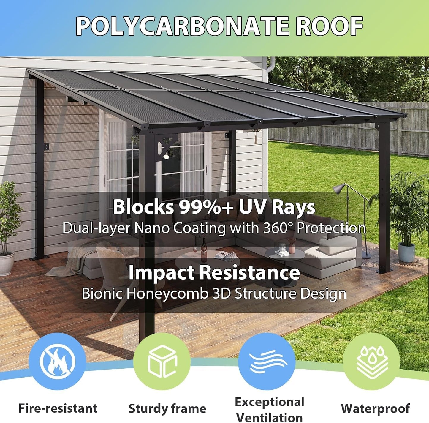 Aoxun 12'x 10' Premium Gazebo with Aluminum Top Frame & Polycarbonate Panel, Wall Mounted Gazebos Pergola, Outdoor Patio Lean to Gazebo, Awnings with Sloped Roof, for Backyard, Porch, Deck