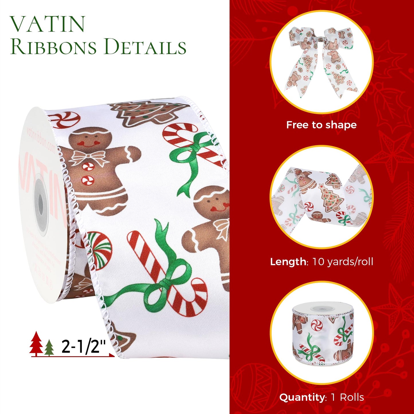 VATIN Stain Ribbon with Gingerbread Man Printed, 2-1/2" x 10 Yards Thick Ribbon for Christmas Holiday Craft, Gift Wrapping,Flower Bouquet