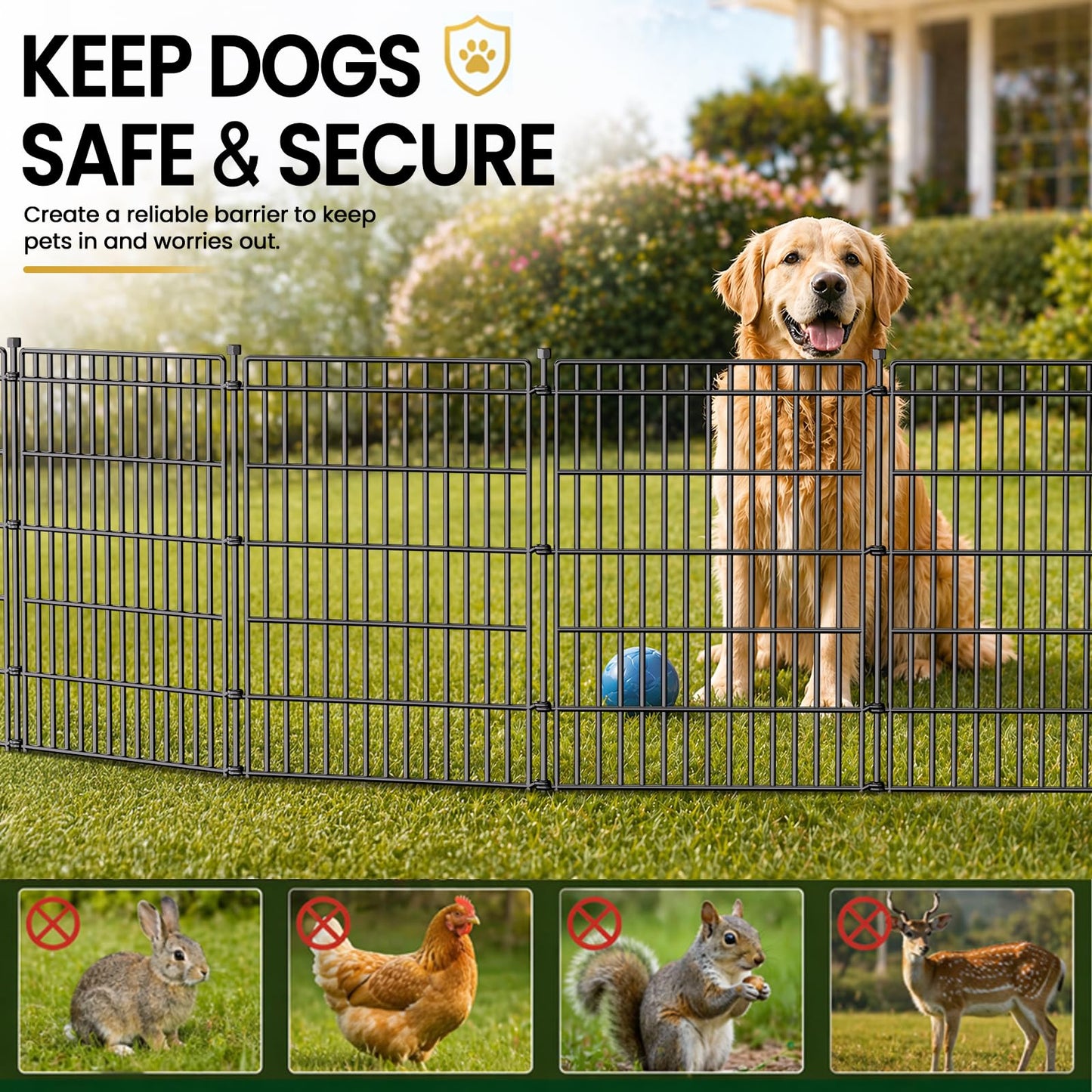 10 Panels No Dig Garden Fence with Gate, 44in(H) × 23.6ft(L) Decorative Metal Outdoor Dog Fence, Rustproof Pet Fencing for Yard, Patio, Flower Bed -Temporary Fencing| Easy to Install