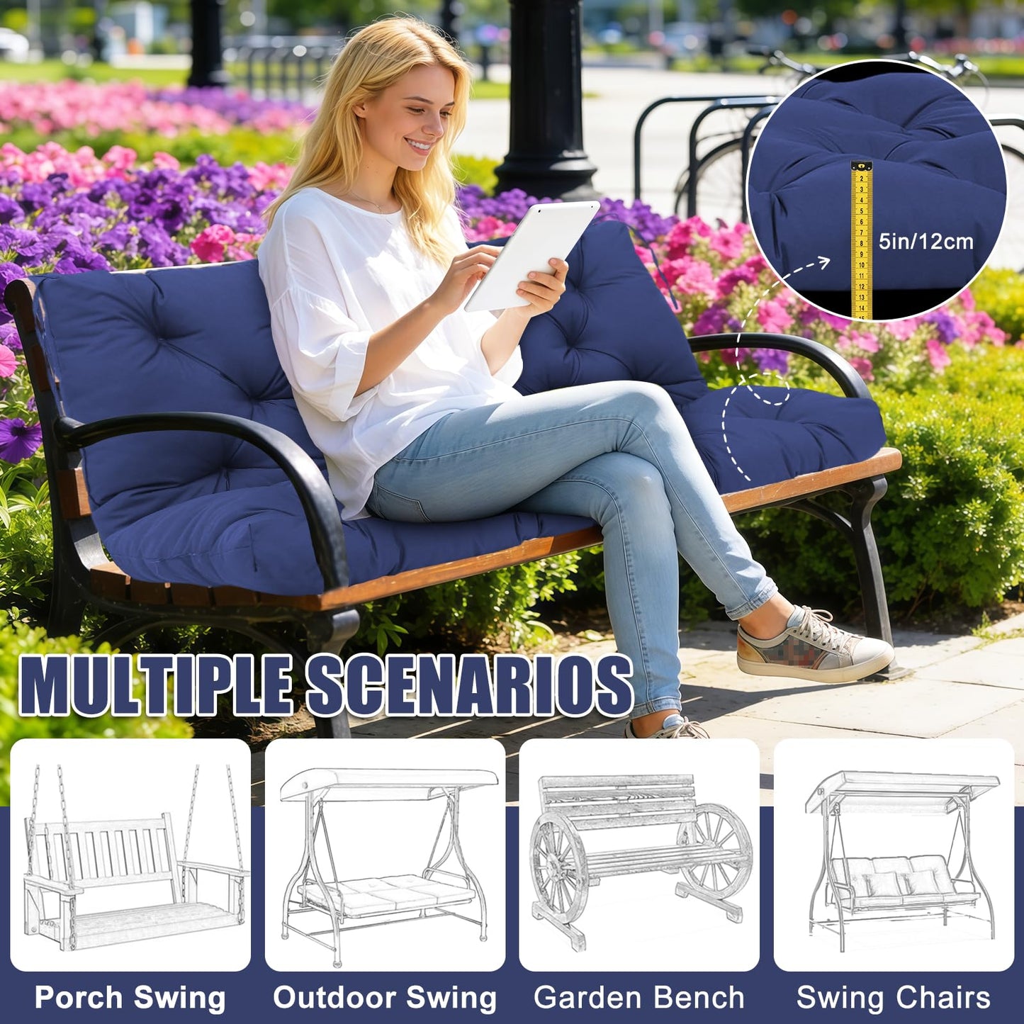 Mokoey Porch Swing Cushions 60 inch Bench Cushion Waterproof Outdoor Swing Cushions 3 Seater Thick 5in Replacement Swing Cushions for Outdoor Furniture Patio (Navy Blue-60x40inch)