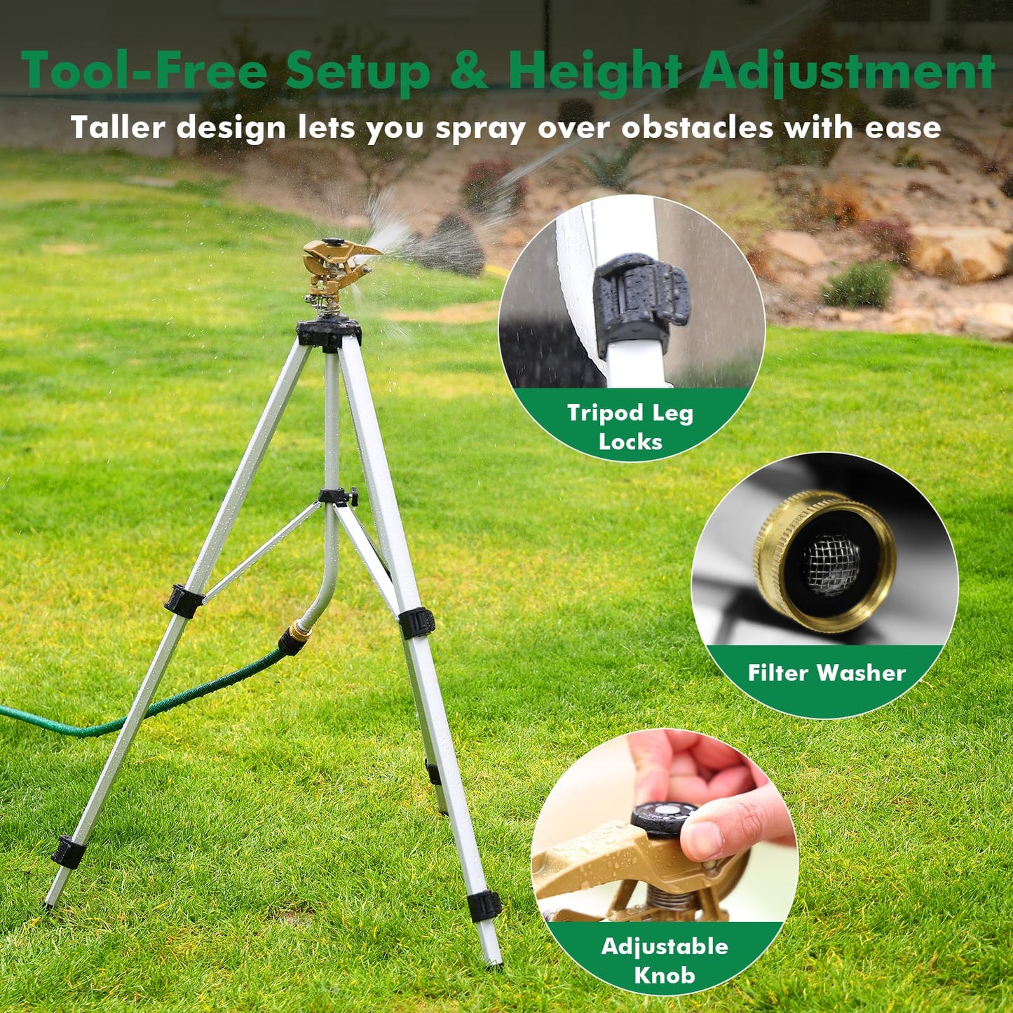 RESTMO 48” Large Full Metal Impact Sprinkler Head on Tripod Base, 360° Rotating & Height Adjustable Tripod, Heavy Duty Zinc Alloy Sprinkler for Large Yard and Lawn Irrigation