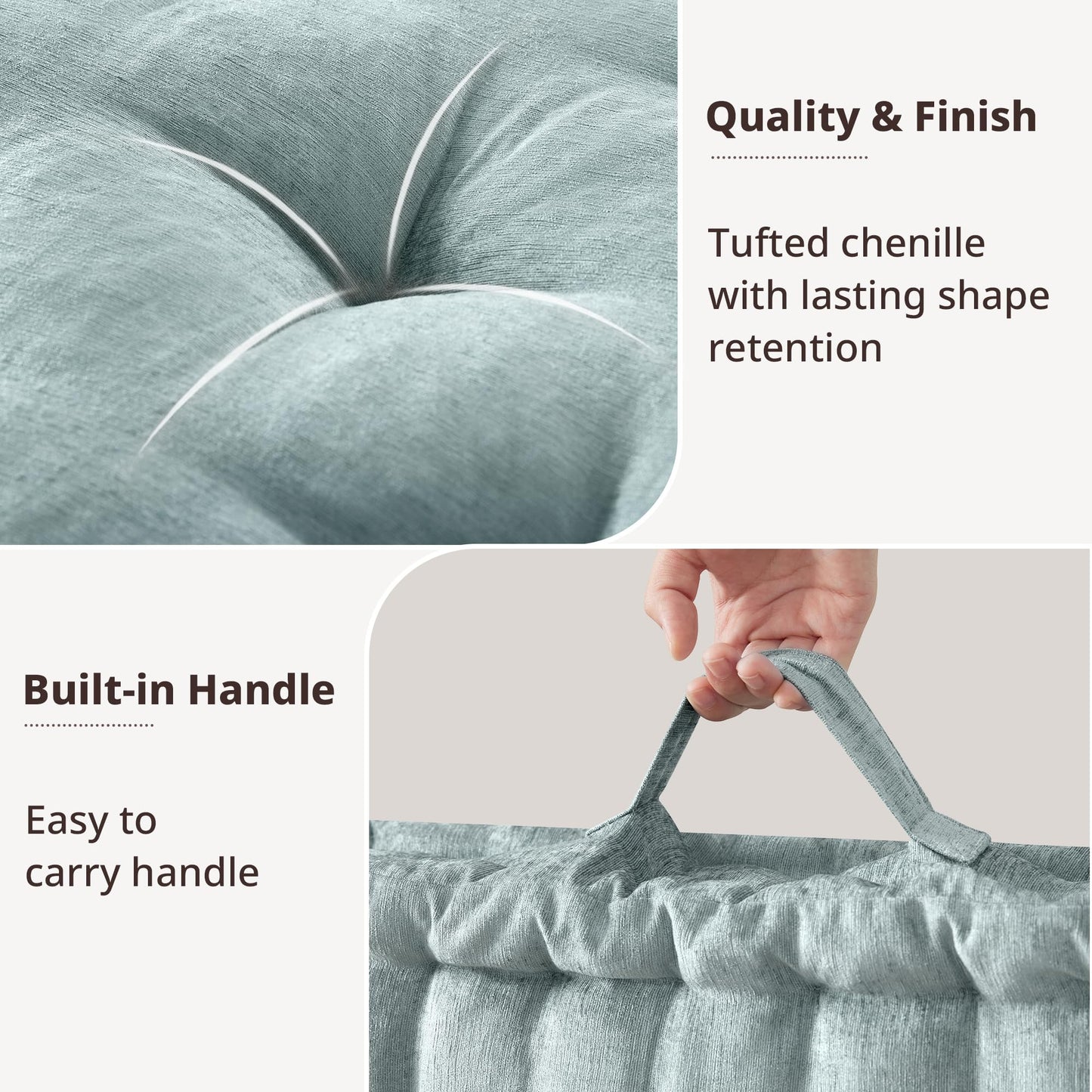 Intelligent Design Large Floor Pillow for Adults Yoga or Meditation Cushion with Handle, Floor Cushion for Board Games, Lustrous Chenille Tufted, Handsewn Scalloped Edge, Azza, 24" x 24" x 5" Aqua