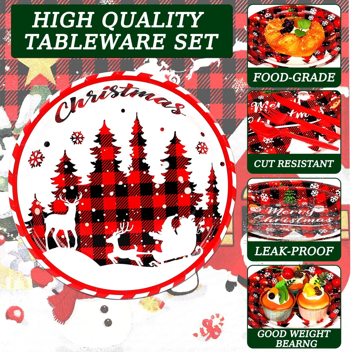 175 Pcs Christmas Paper Plates and Napkins Sets Santa Claus,Snowman,Reindeer Disposable Dinner Tableware Set With 7" Plate, 9" Plates, Napkins,Cups & Knife & Fork &Spoon Party Supplies Serve 25 Guests