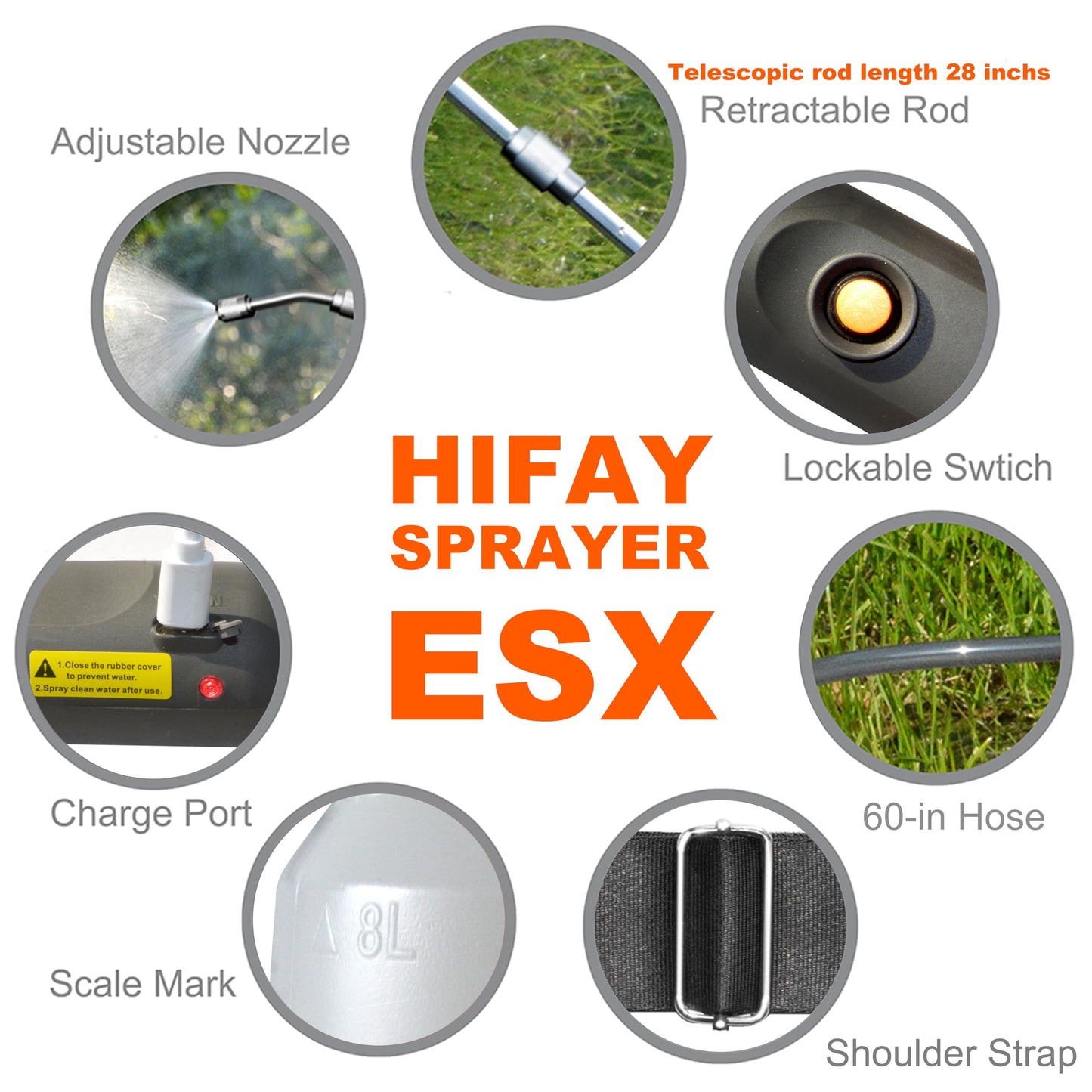 HIFAY ESX-8 Electric Sprayer, Garden Sprayer 2 Gallon,Weed Sprayer in Lawn & Garden,Rechargeable Battery Powered Sprayer with Telescopic Wand,Plant Mister,Indoor Watering Can for Plants (Translucent)