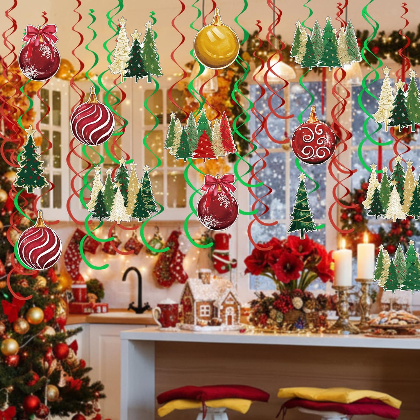 Horaldaily Christmas 44 Pieces Party Hanging Swirl Banner Decorations, Christmas Trees Ball Ornaments Party Hanging Swirls Streamers Ceiling Decor for Home Office Classroom School Boys Girls Supplies