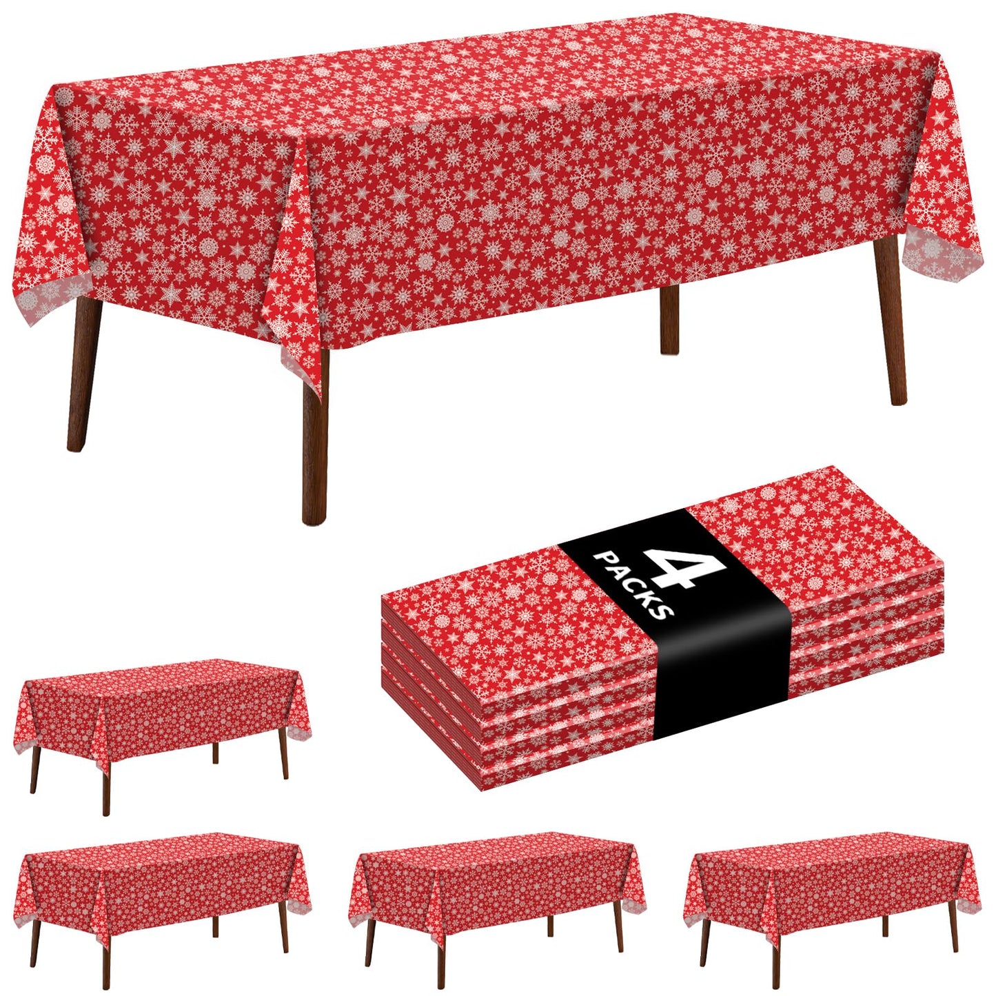 CXPSINC 4 Pack Disposable Snowflake Plastic Tablecloth - Christmas Table Cover for Party Decoration Supplies - 54 x 108 Inches Christmas Tablecloth (Red Snowflake)