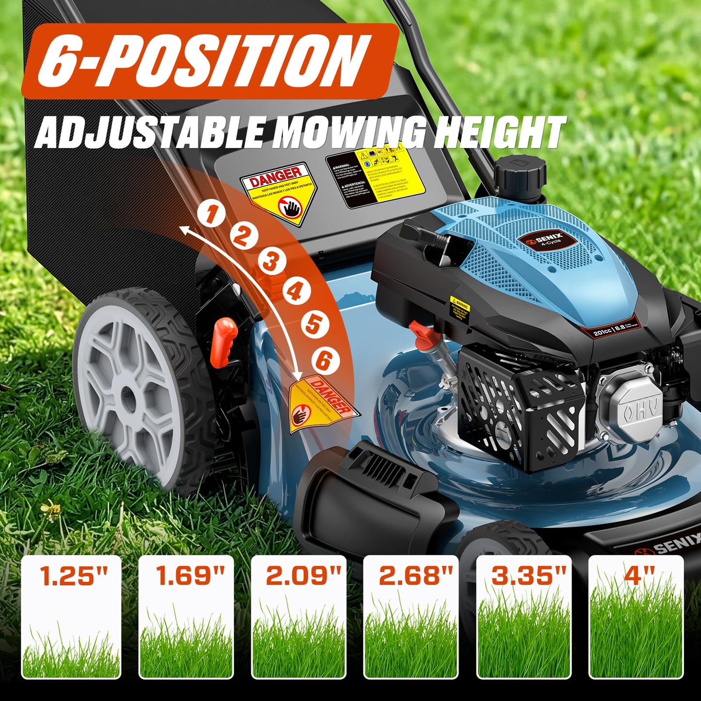 SENIX 22 Inch Gas Lawn Mower, 201cc 4-Cycle OHV Engine, Variable Speed Rear Wheel Self-Propelled Mower, 3-in-1 Mower with Bagging, Mulching & Side Discharge, 6-Positions Adjustable Cutting Height