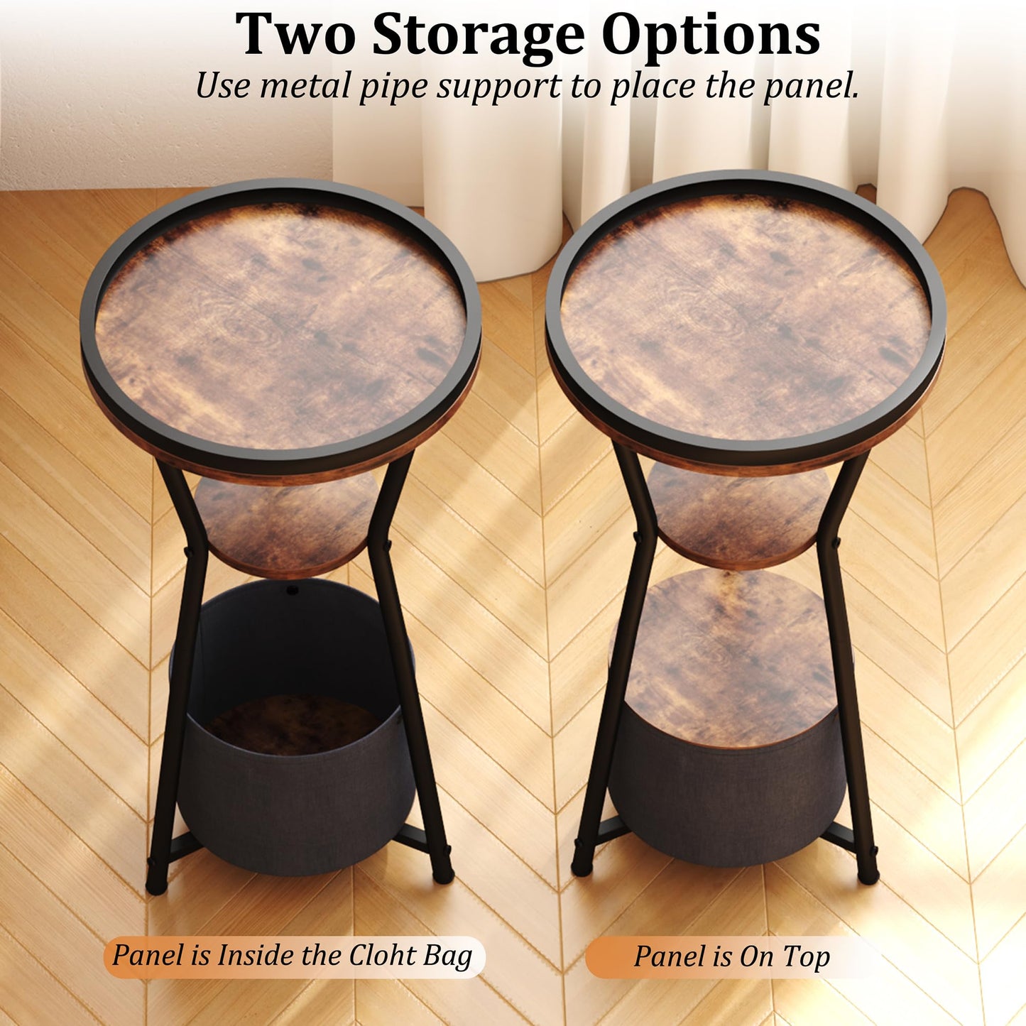 Yusong Round Side Table, Small Drink Table for Small Spaces, 3-Tier Industrial End Table, Accent Nightstand Bedside Table for Living Room, Bedroom, Sofa Couch, Rustic Brown