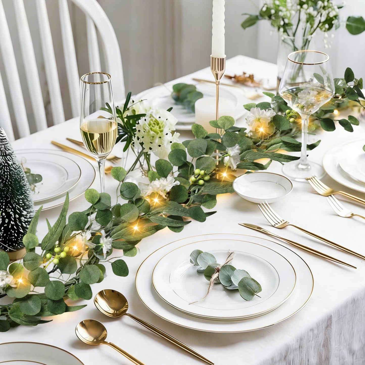 MDSTBN Eucalyptus Garland with Lights, 6FT Spring Garland Eucalyptus Leaves with Flower Berries Artificial Greenery Vine for Mantle Porch Wall Wedding Arch Backdrop Table Decoration